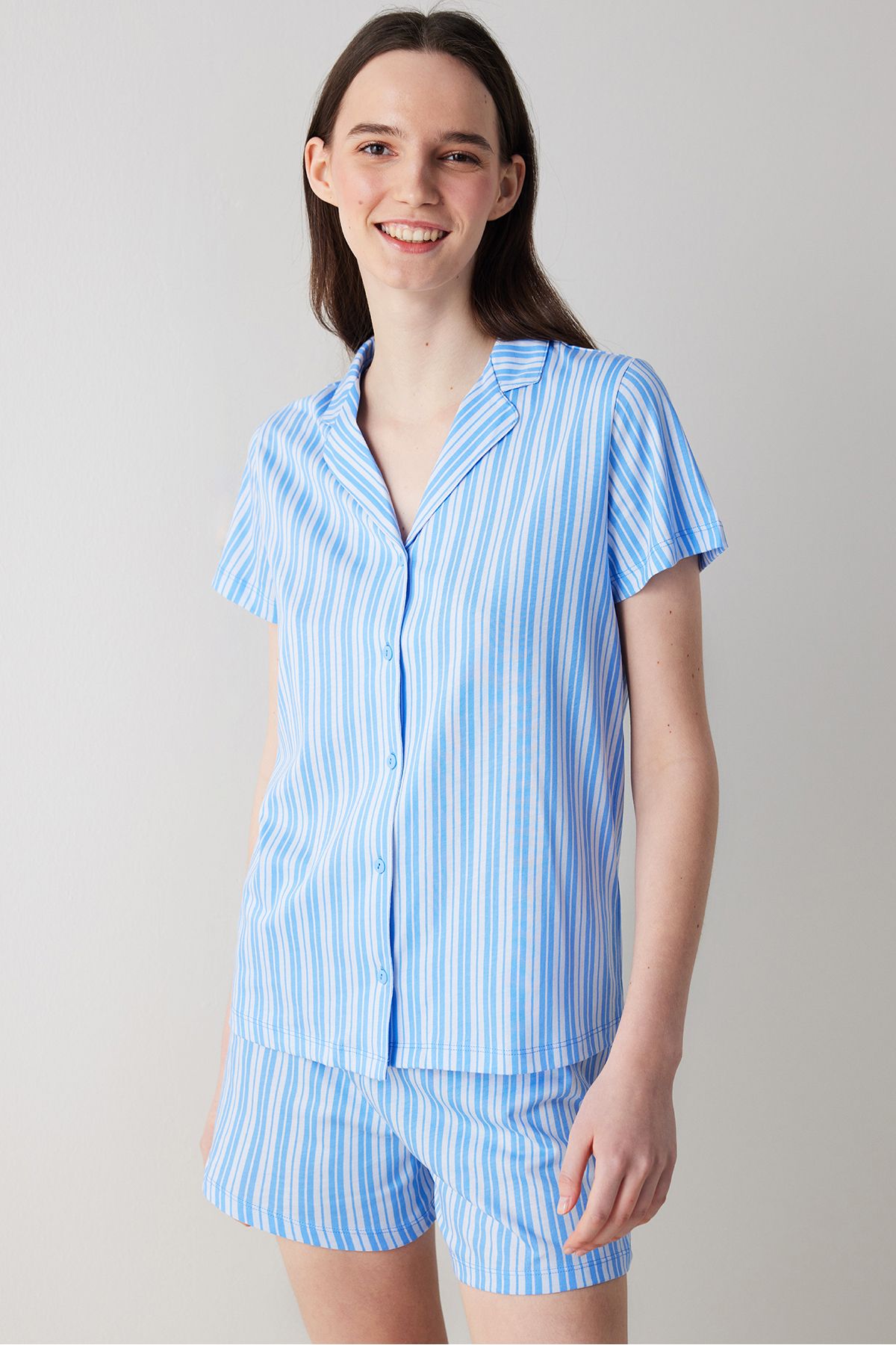 Penti Blue Stripes Düğmeli Gömlek Şort Pijama Takımı