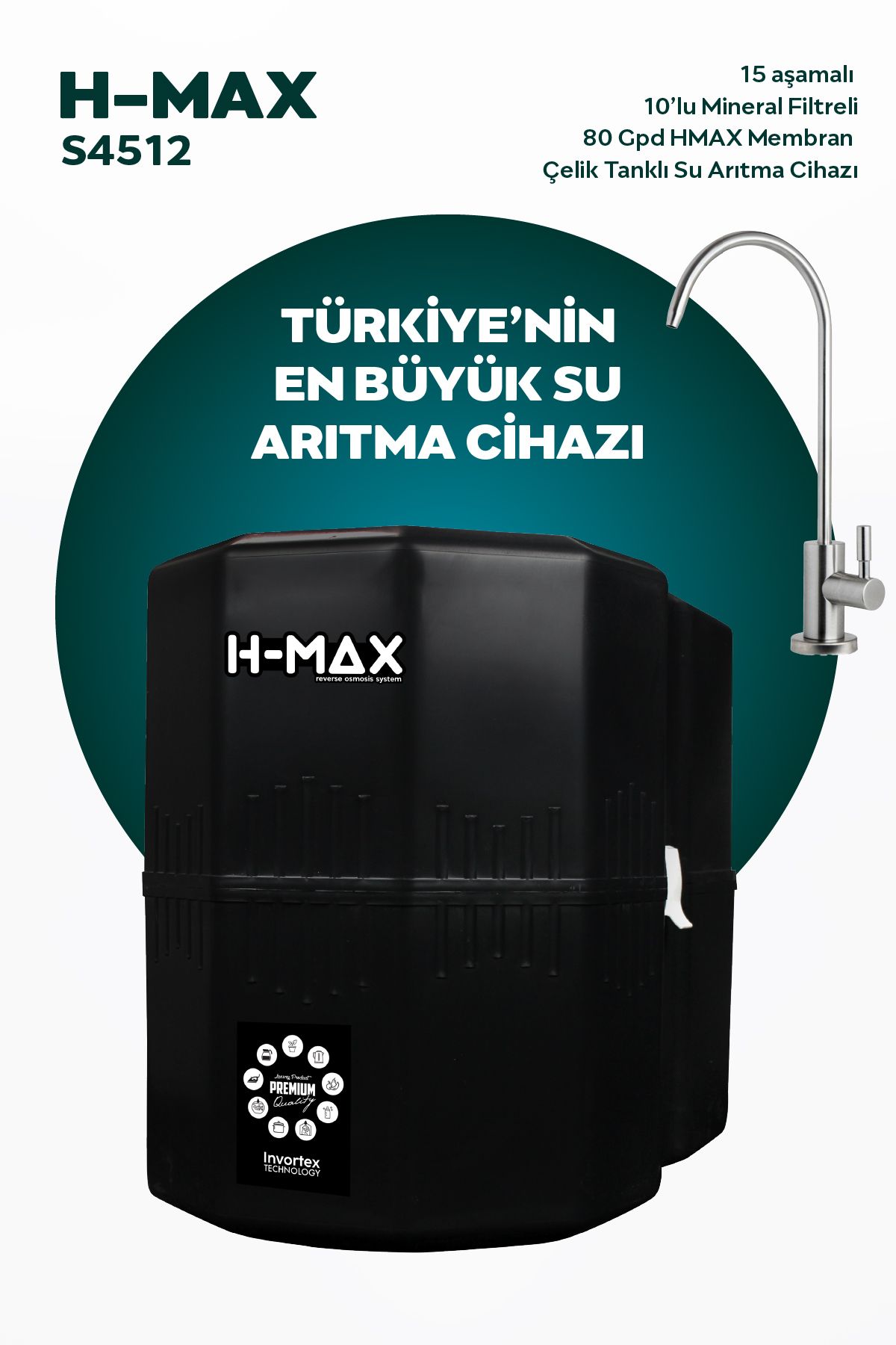 H-MAX Reverse Osmosis System HMAX S4512 Modeli 12 Litre 15 Aşama Su Arıtma Cihazı 80 Gpd Membran