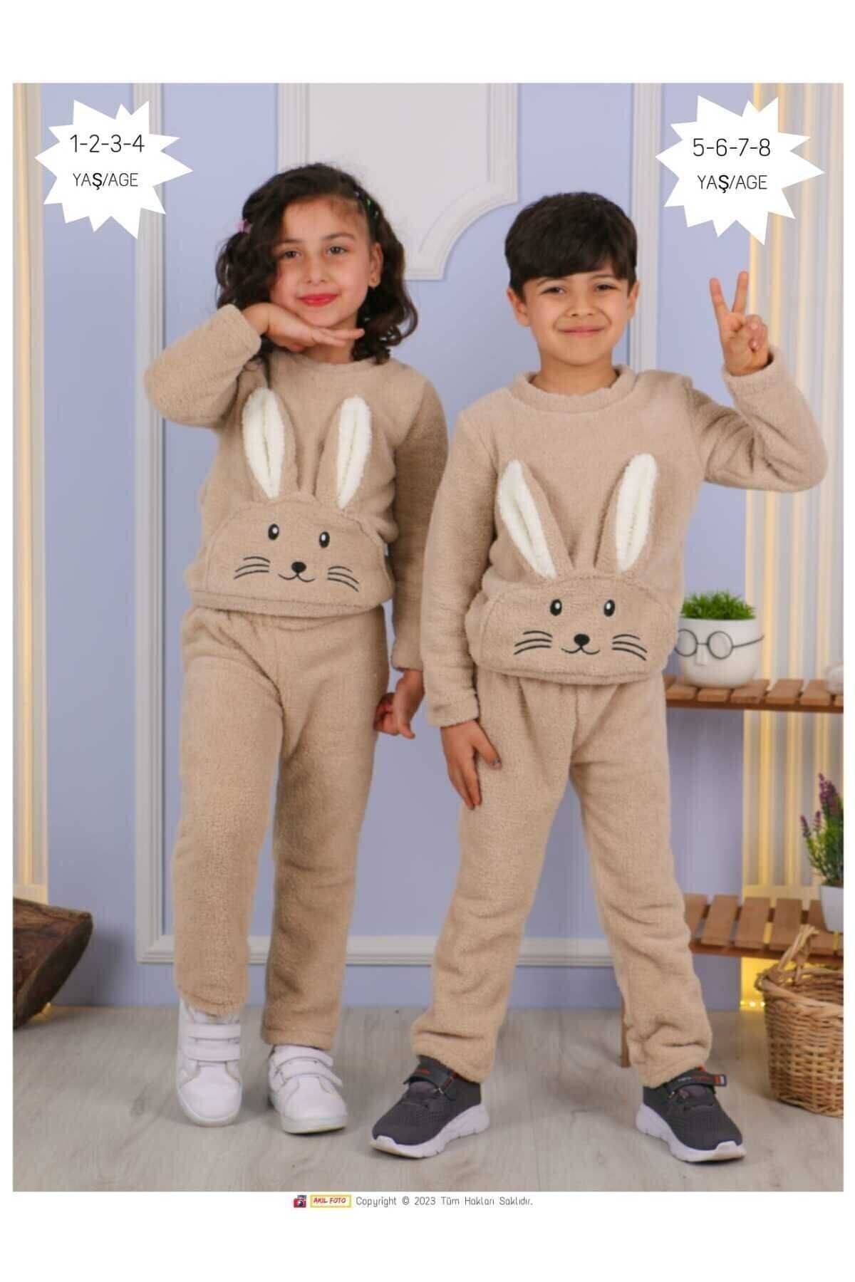 aden kids Kahverengi Tavşan Desenli Peluş Çocuk Alt-üst Takım