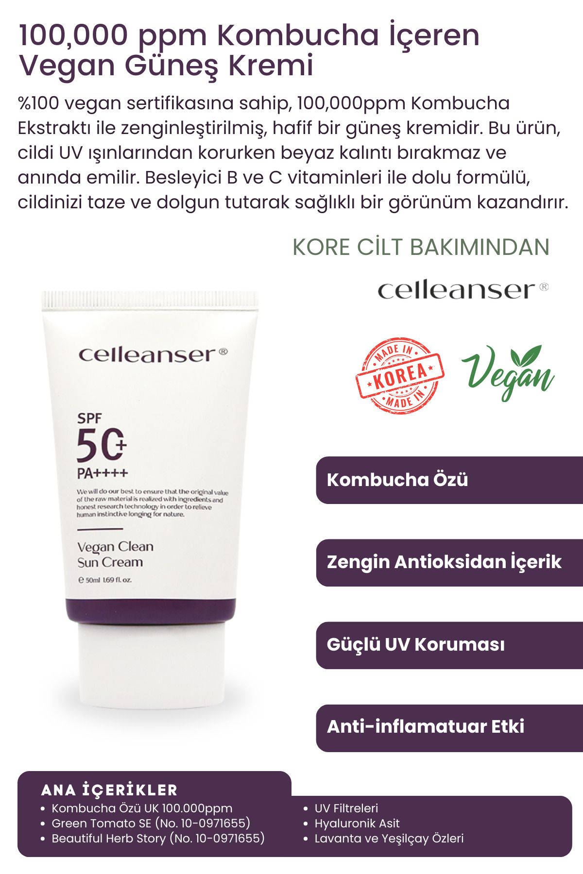 celleanser Vegan Güneş Kremi - 100.000 Ppm Kombucha Içeren Nemlendirici Ve Antioksidan Güneş Kremi