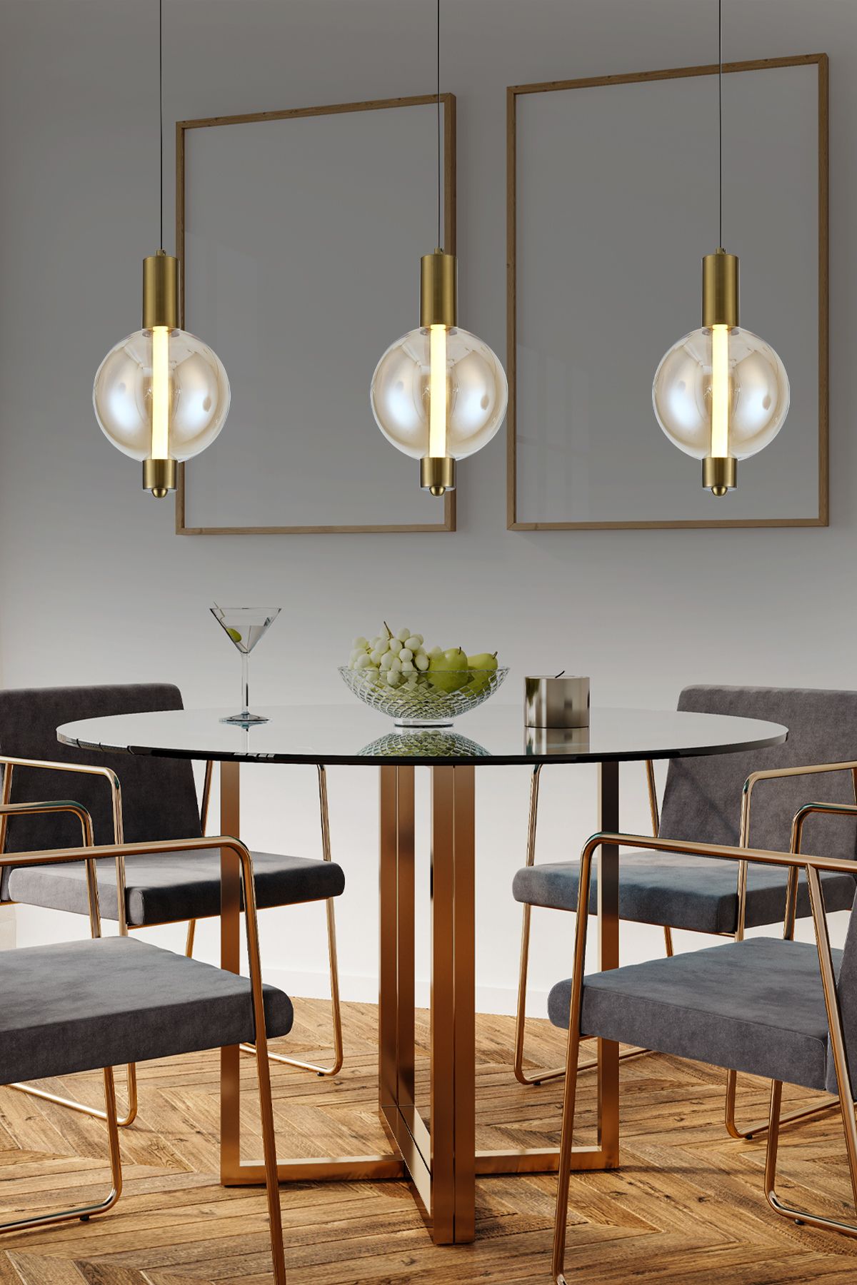 Apliqa Mira Siyah 3'lü Sıralı Bal Camlı 10 Watt Modern Salon Led Sarkıt Avize