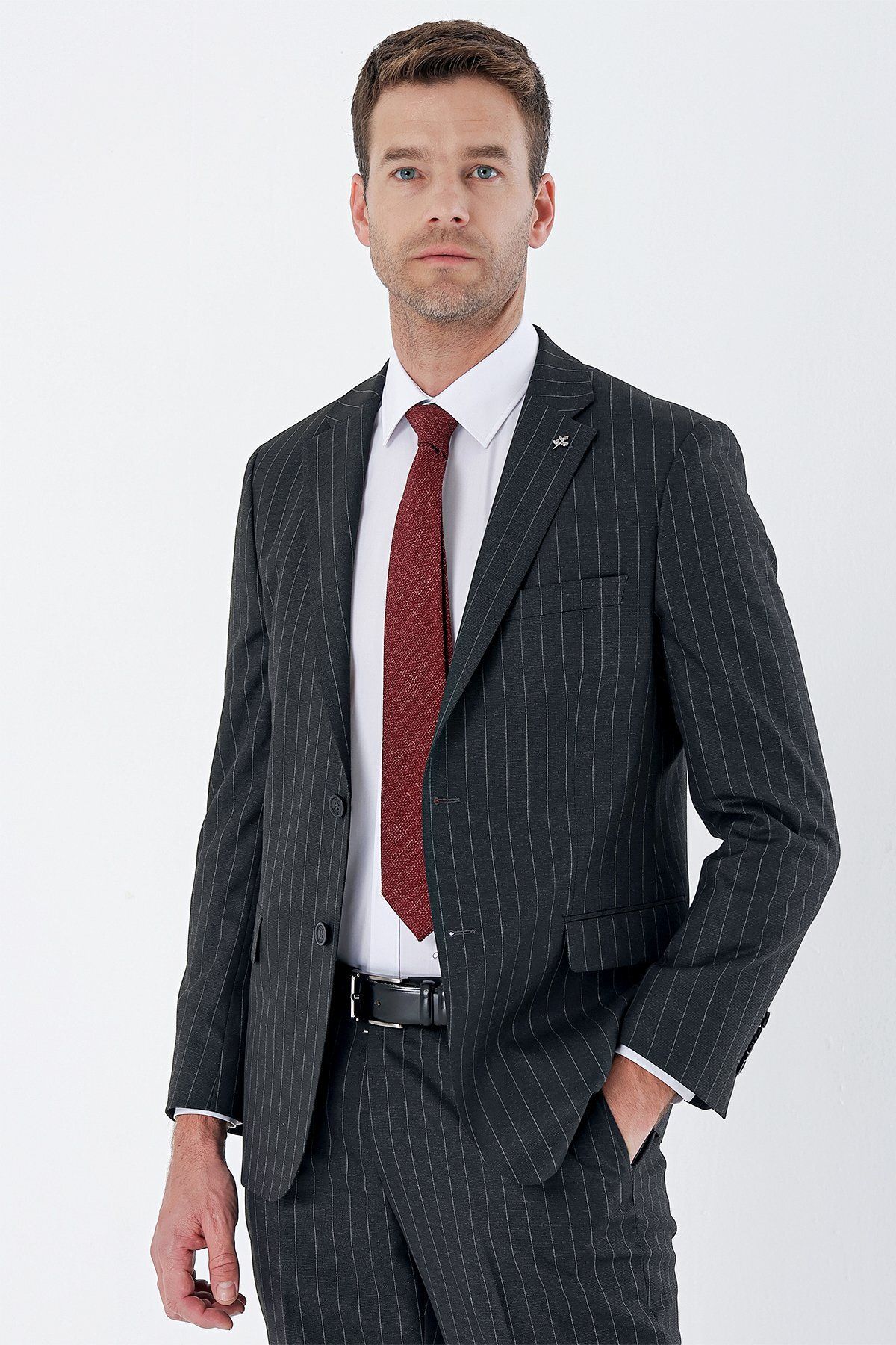 İmza Siyah Çizgili Mono Yaka 6 Drop Comfort Fit Rahat Kesim Klasik Takım Elbise 1001235158