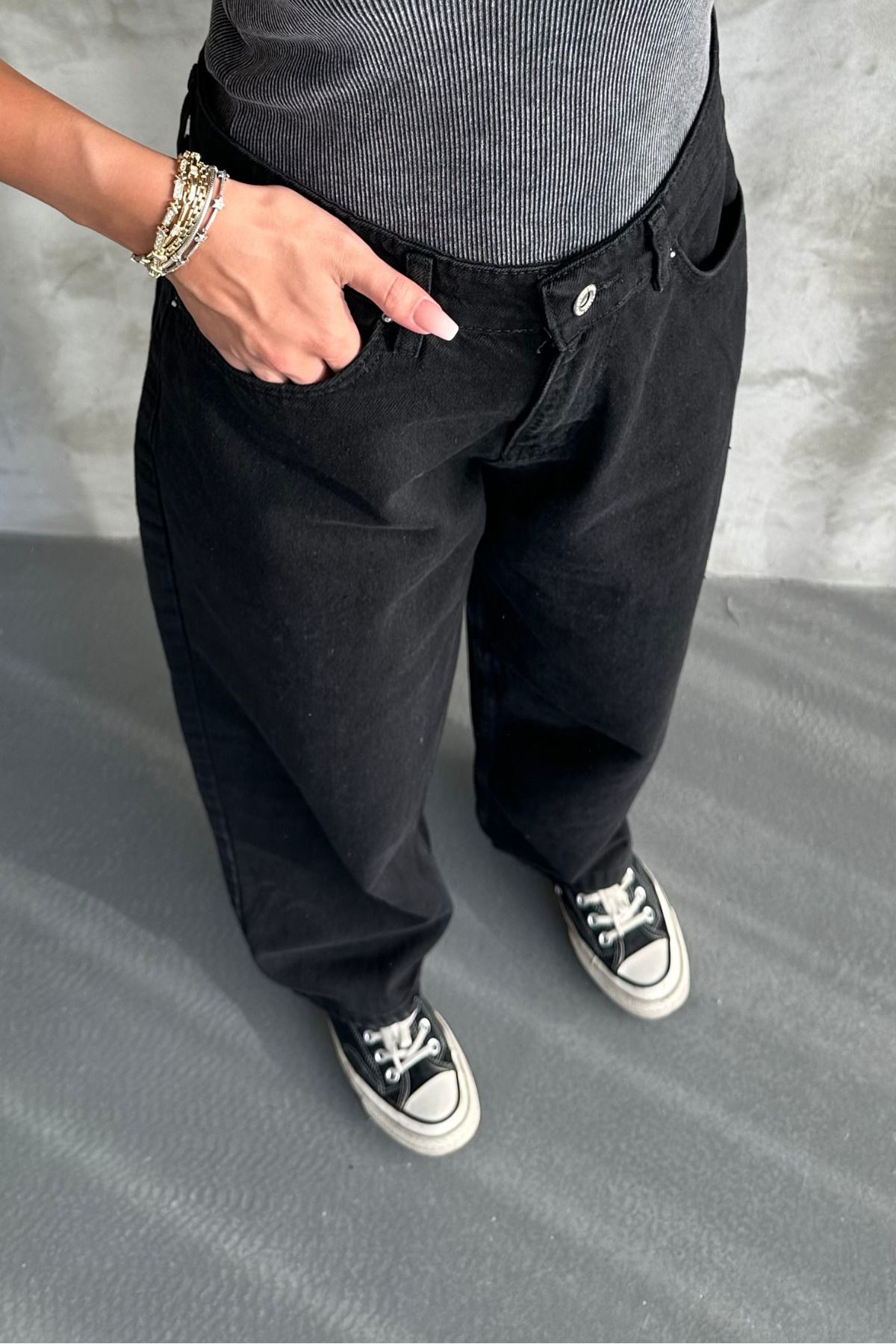 macharel jeans Toka Detaylı Bol Kesim Geniş Paça Rahat Baggy Jean Pantolon