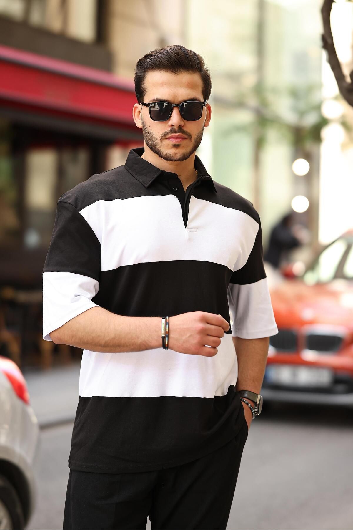 Miron Siyah Beyaz Polo Yaka Blok Parçalı Oversize Tişört- 2410