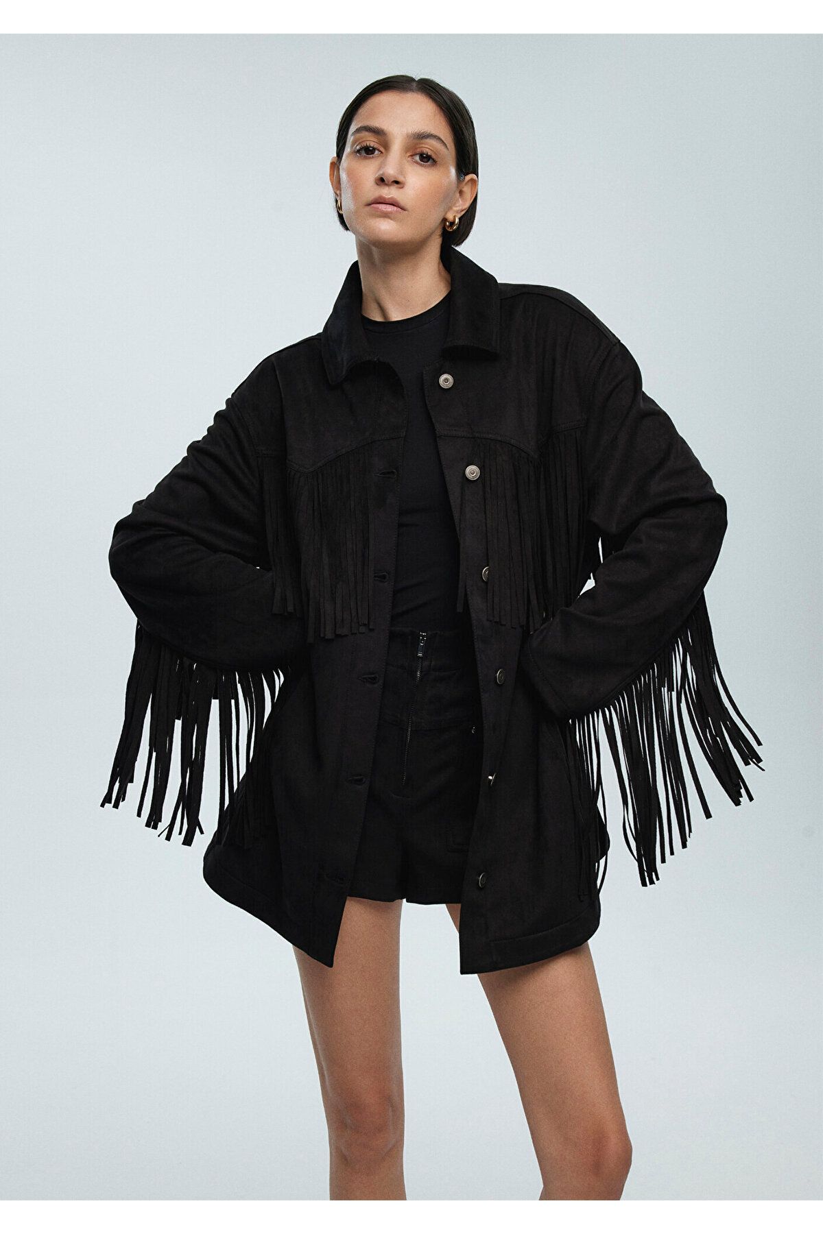 Mavi Püskül Detaylı Oversize Siyah Gömlek Oversize / Geniş Kesim 1211053-900
