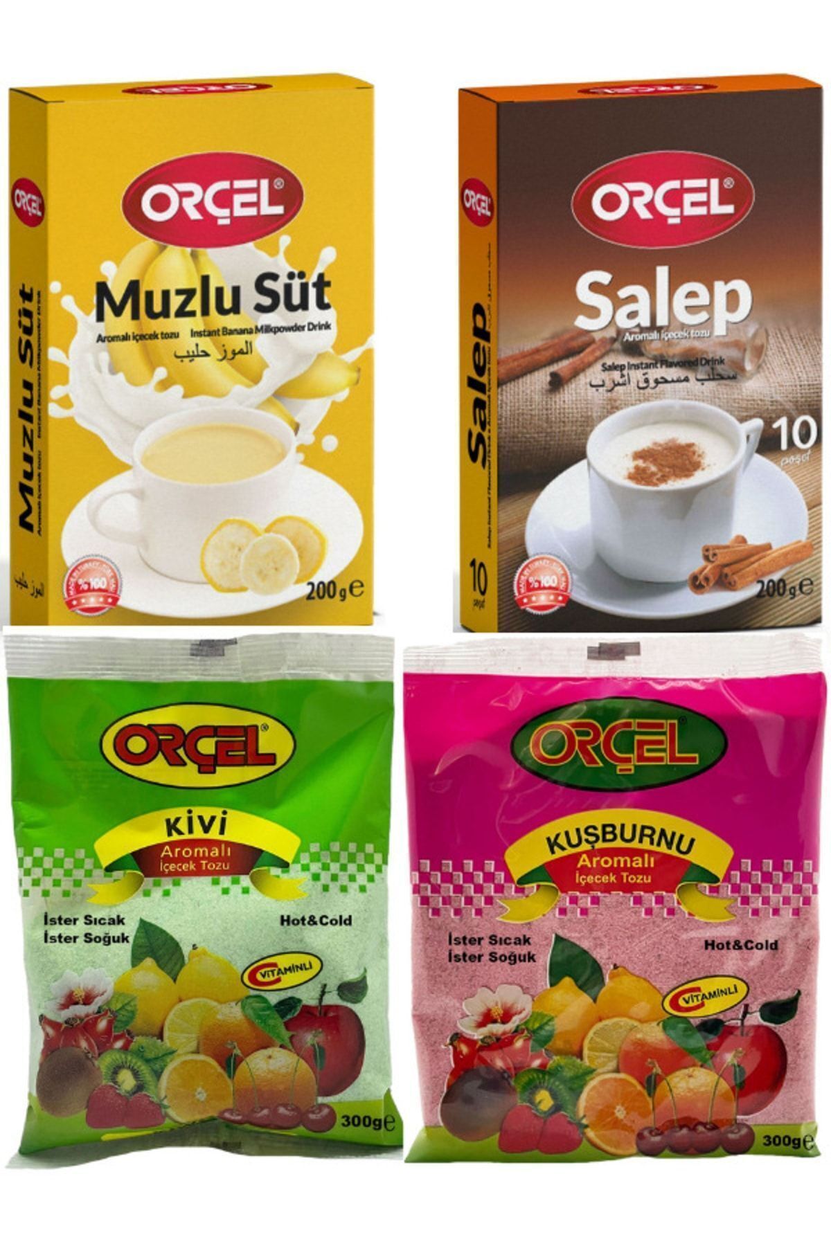 ORÇEL Salep 200gr. + Muzlu Süt 200gr. + Kivi 300gr. + Kuşburnu 300gr. Aromalı Içecek Tozu Oralet Çay