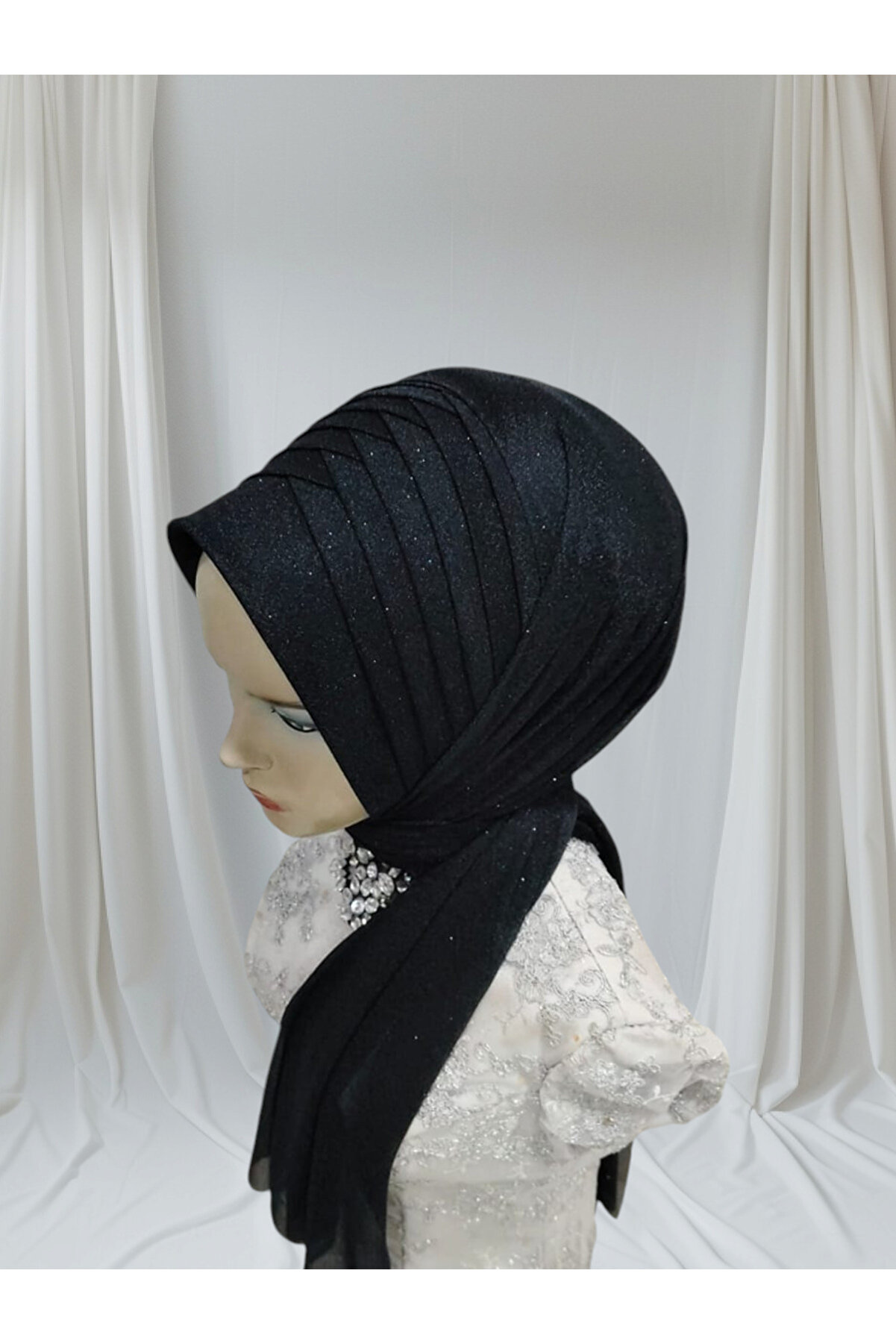 NurAy Siyah Simli Tek Tek Model Hazır Türban Şal Abiye Şal | NurAy