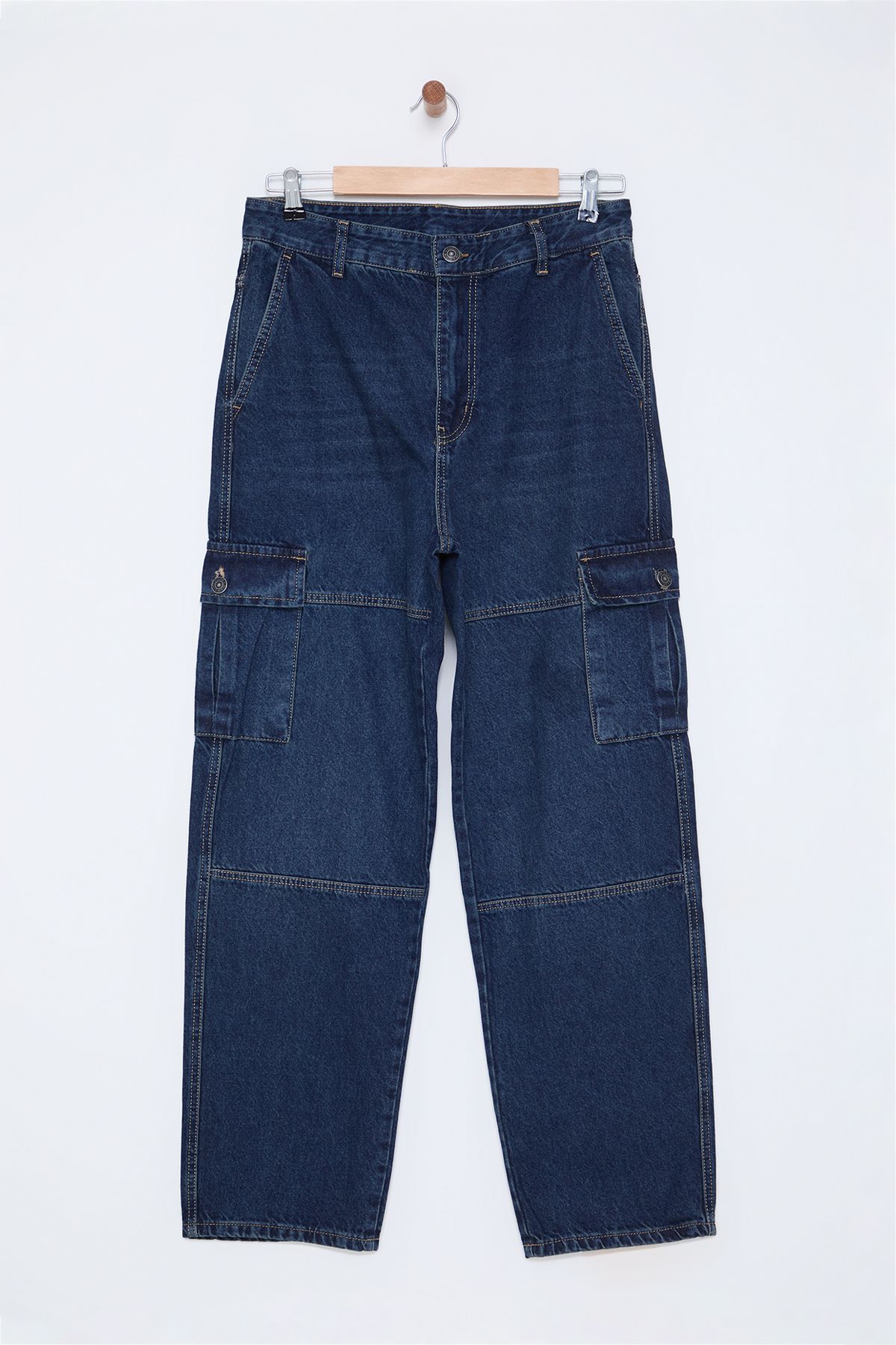 TRENDYOL MAN Orta Mavi %100 Pamuk Baggy Fit Kargo Bol Kot Pantolon TMNAW25JE00002