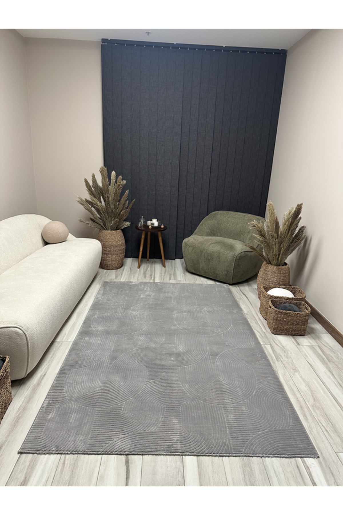 Merinos Rölyef Halı Kaymaz Tabanlı Yıkanabilir Gri Bukle Salon Mutfak Koridor Yolluk Halı