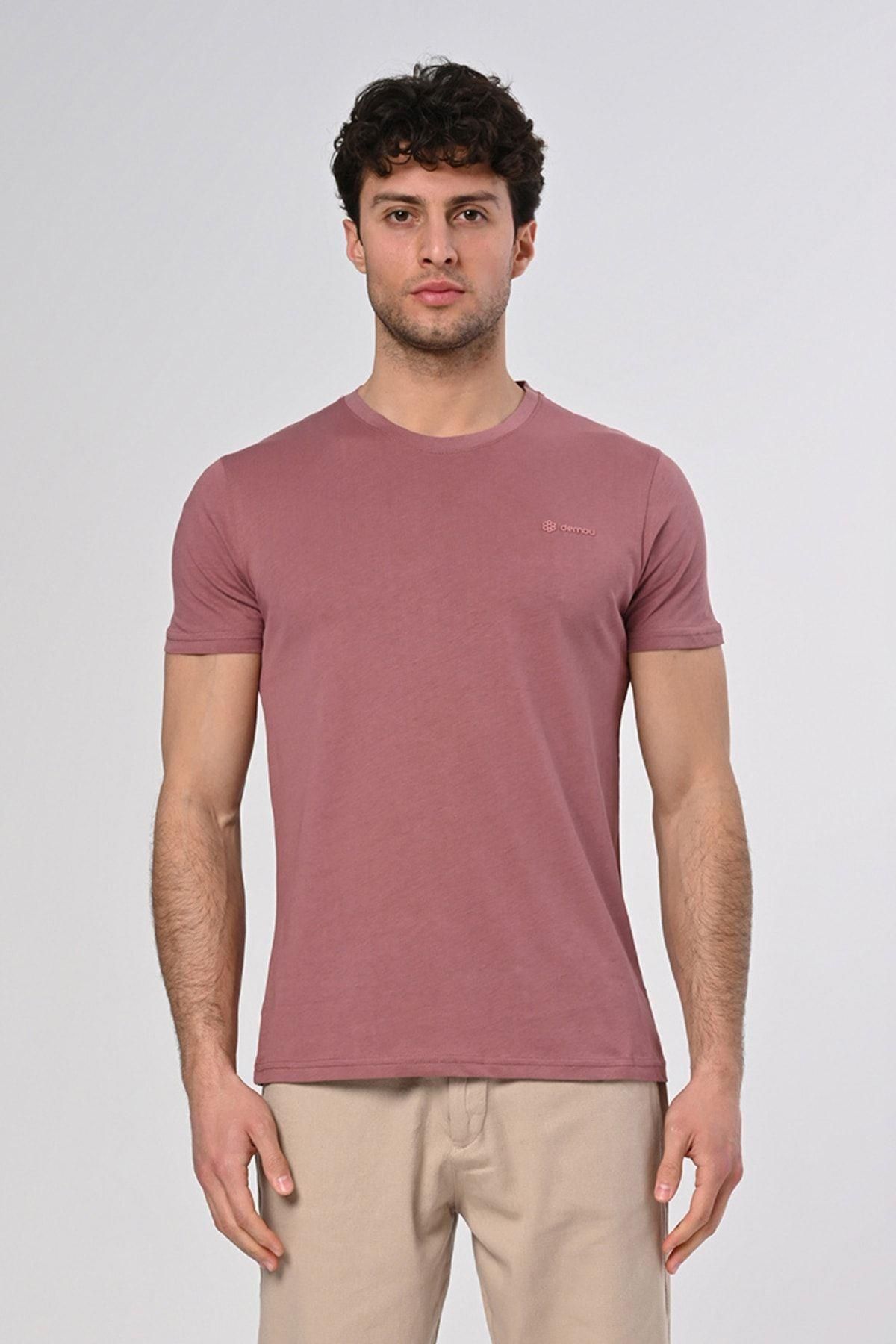 Dembu Punto Baskılı Pamuk Bisiklet Yaka Gül Kurusu T-shirt 23'