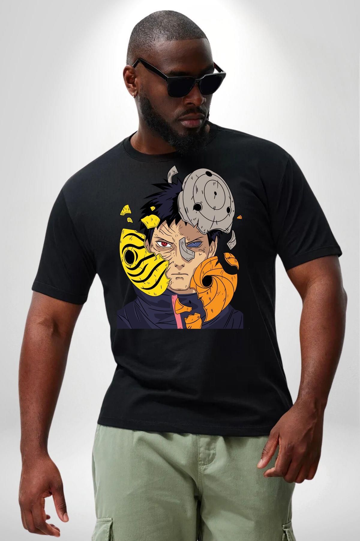 Angemiel Obito Uchiha Anime Siyah Büyük Beden Erkek Kadın Unisex Basic Ön Baskılı Tişört