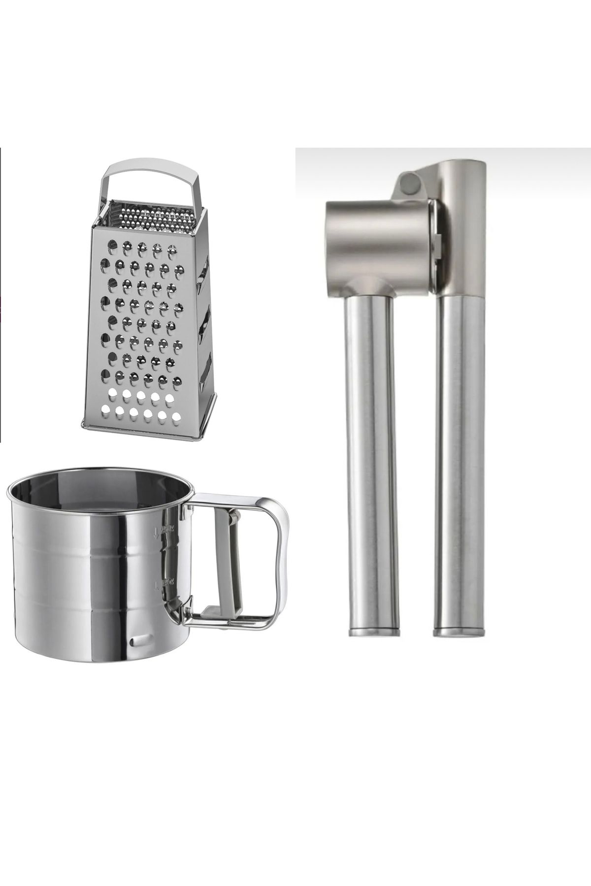 IKEA 3 Lü Set, Idealısk Rende  Frk Koncıs Çelik Sarımsak Ezici Idealısk Un Eleği