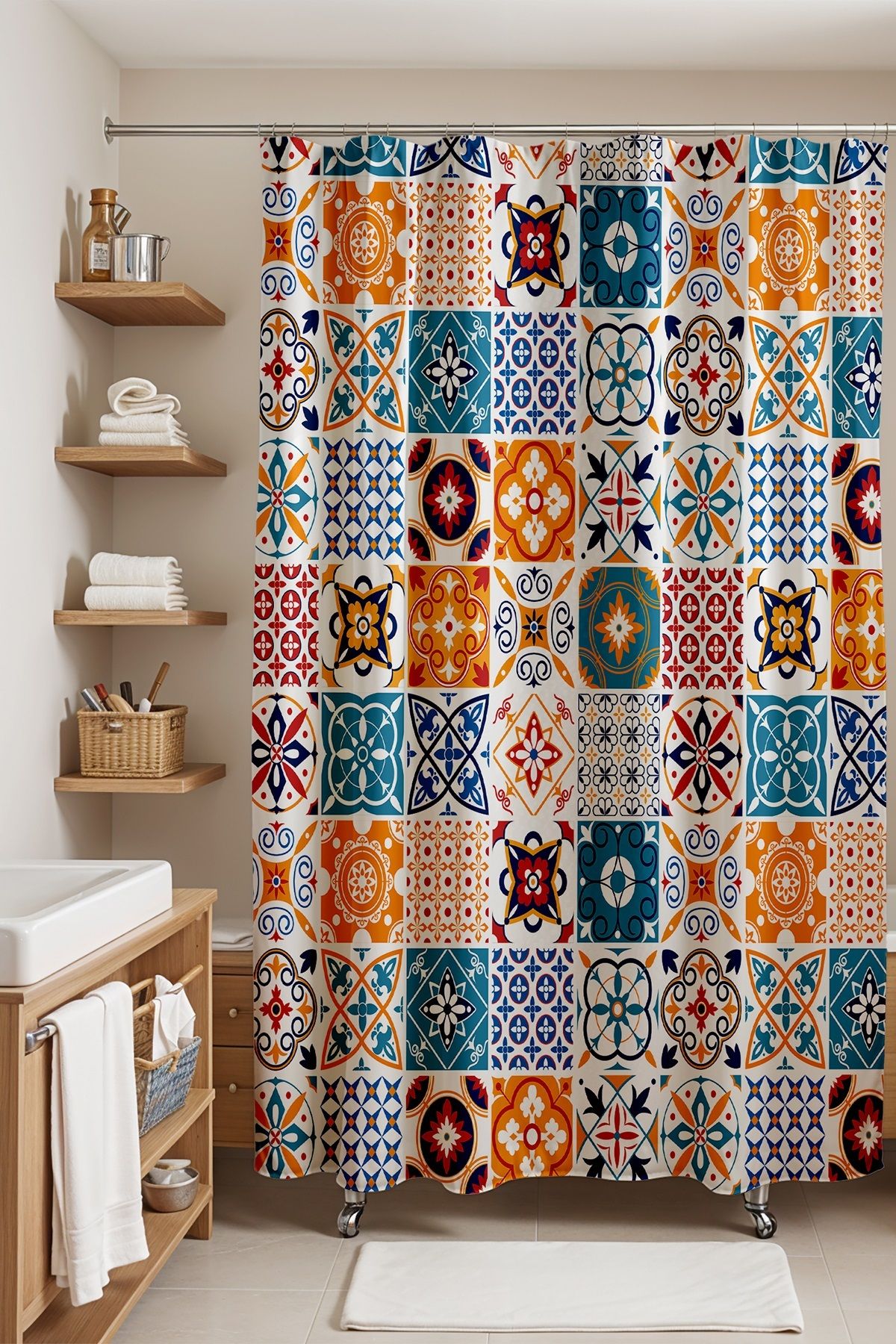 Evpanya Banyo Perdesi, Mozaik Farklı Fayanslar Desenli Duş Perdesi, Küvet Perdesi 175x200cm