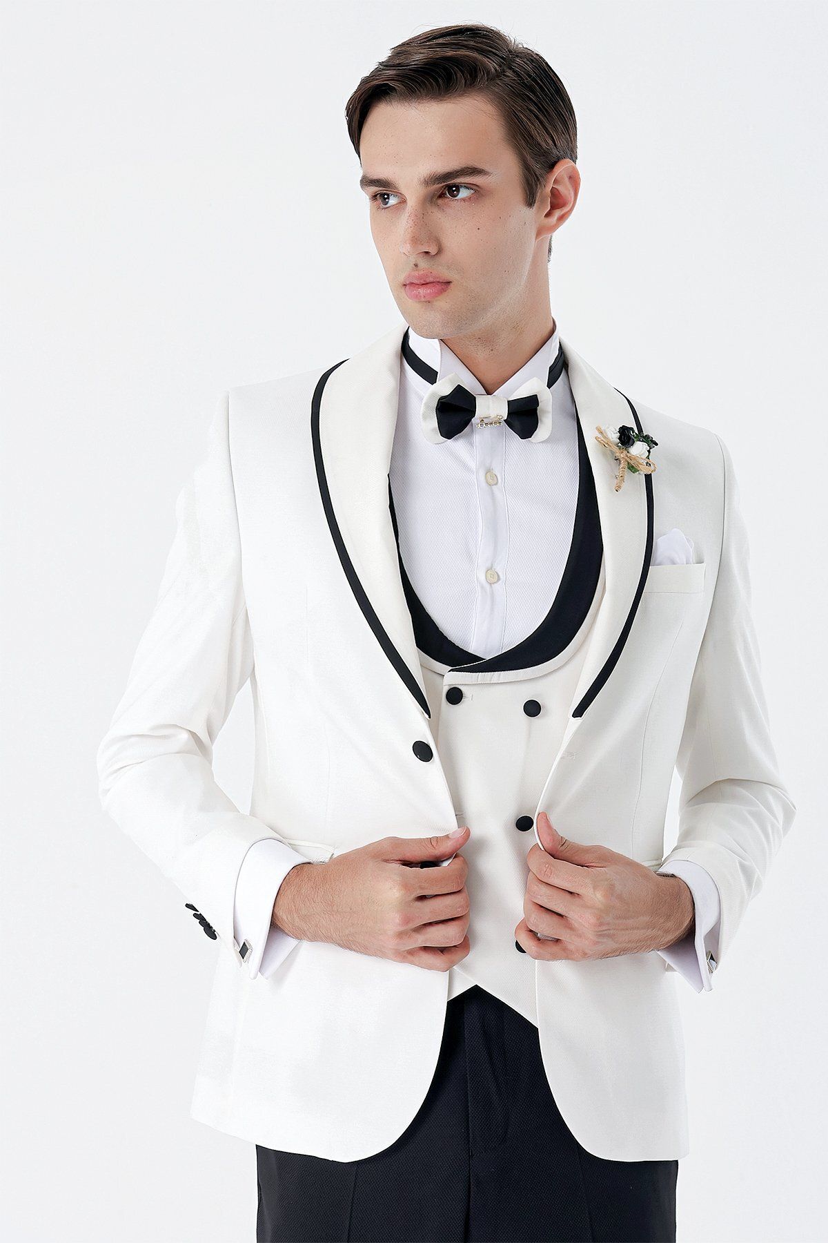 İmza Beyaz Desenli Armürlü Kruvaze 6 Drop Slim Fit Smokin Damatlık Takım 1001230214