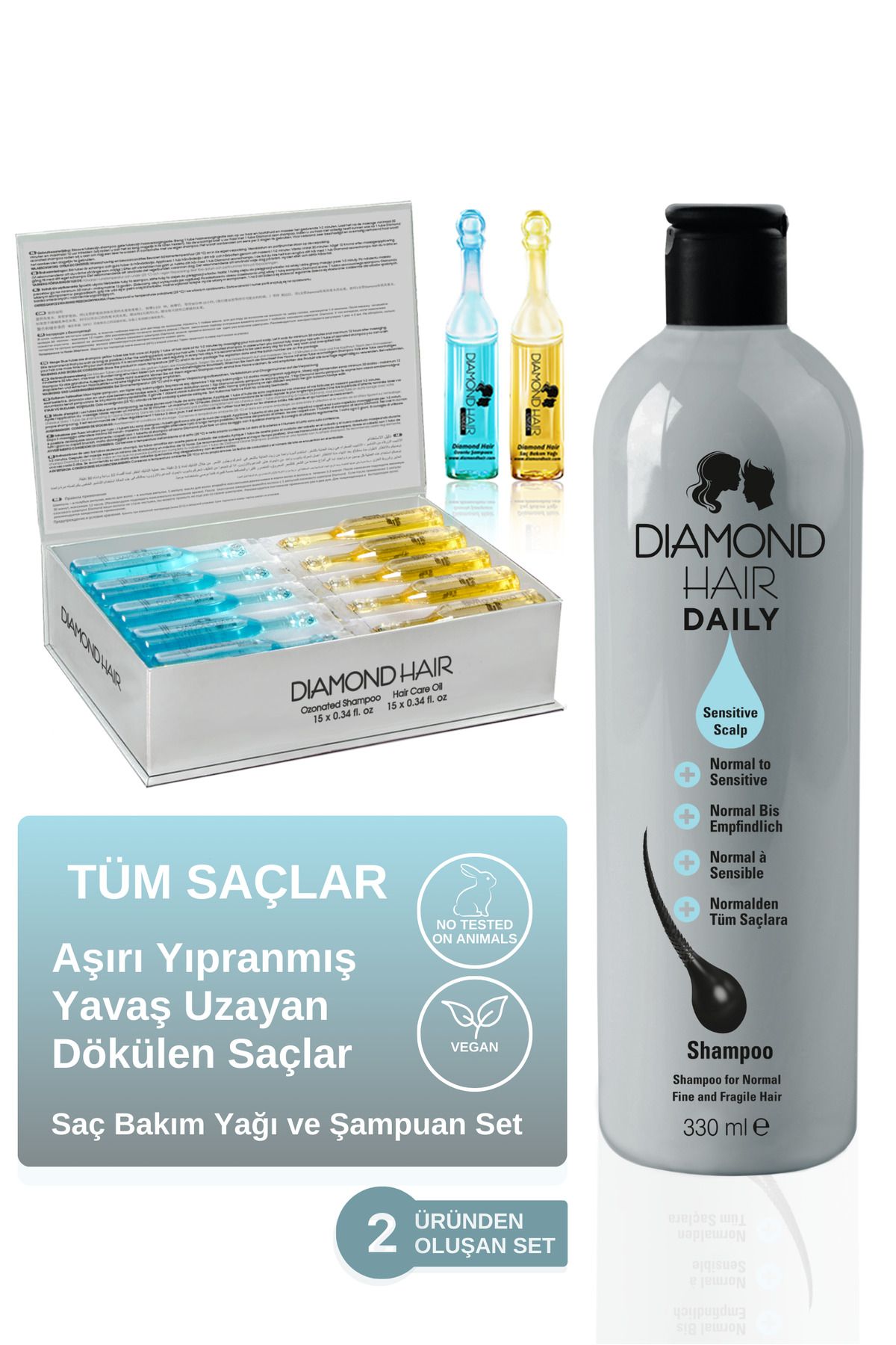 DIAMOND HAIR Hızlı Saç Uzamasına Yardımcı Saç Yağı Bakım Seti - Hassas, Ince Telli Saç Tiplerine Uygun Şampuan