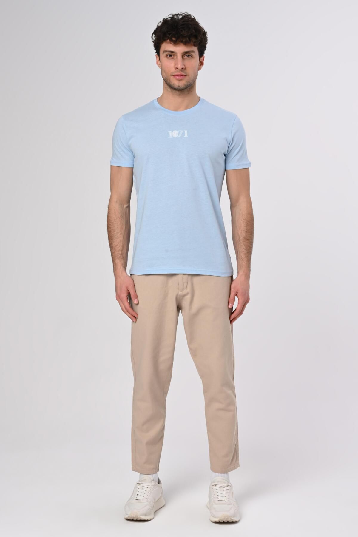 Dembu 1071 Tasarım Pamuk Bisiklet Yaka Mavi T-shirt 23'