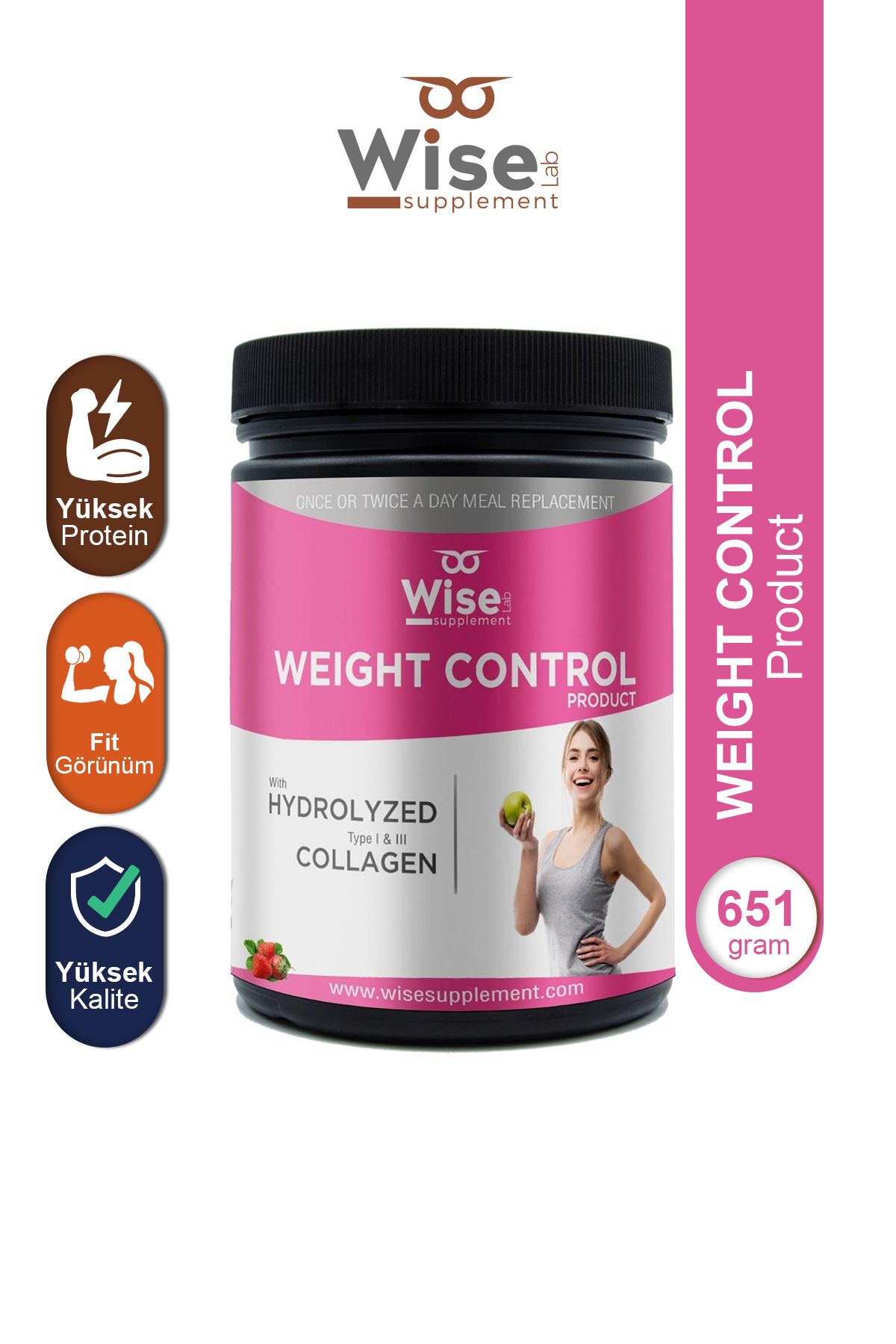 WiseLab Kilo Kontrol Hidrolize Tip 1 - 3 Kolajen Çilek Aromalı 651 Gr