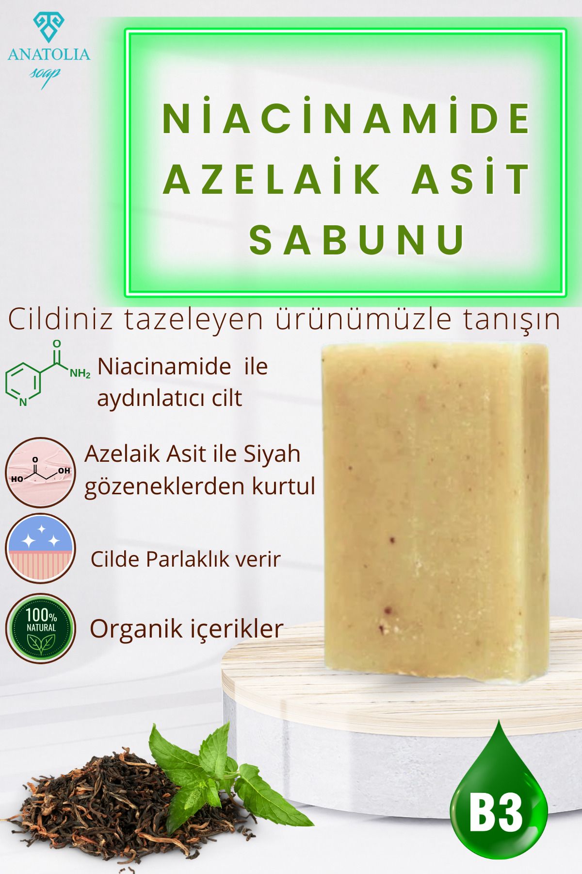 Anatolia Soap Anti Acne Niacinamide Azelaik Asit Cilt Aydınlatıcı Siyah Nokta Gözenek Çay Ağacı Sabunu