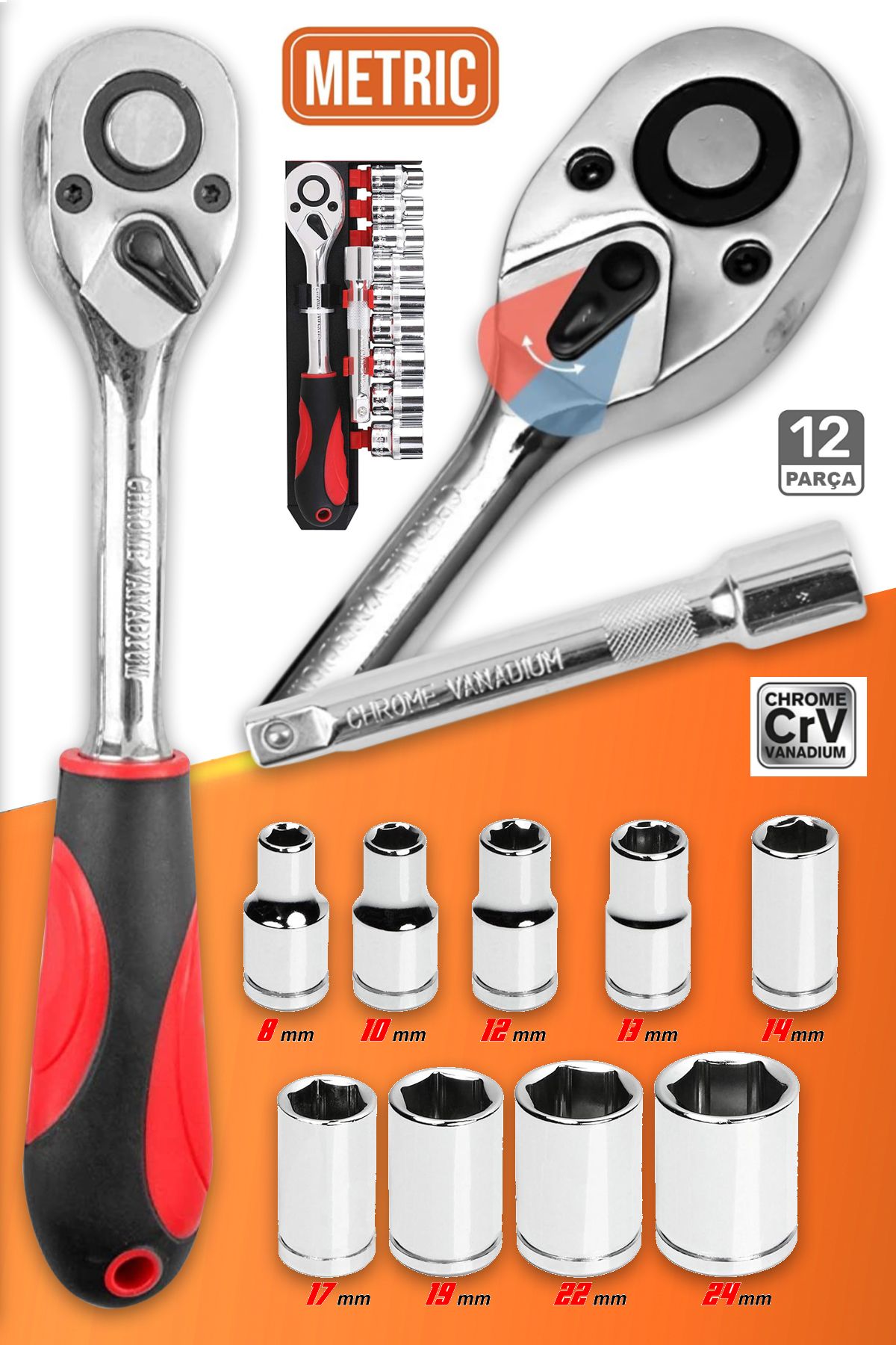 Zephoo 8 mm - 24 mm 12 Parça Cırcırlı Lokma Takımı Seti Standlı Cr-V Çelik Lokma Anahtarı Seti  1/2"