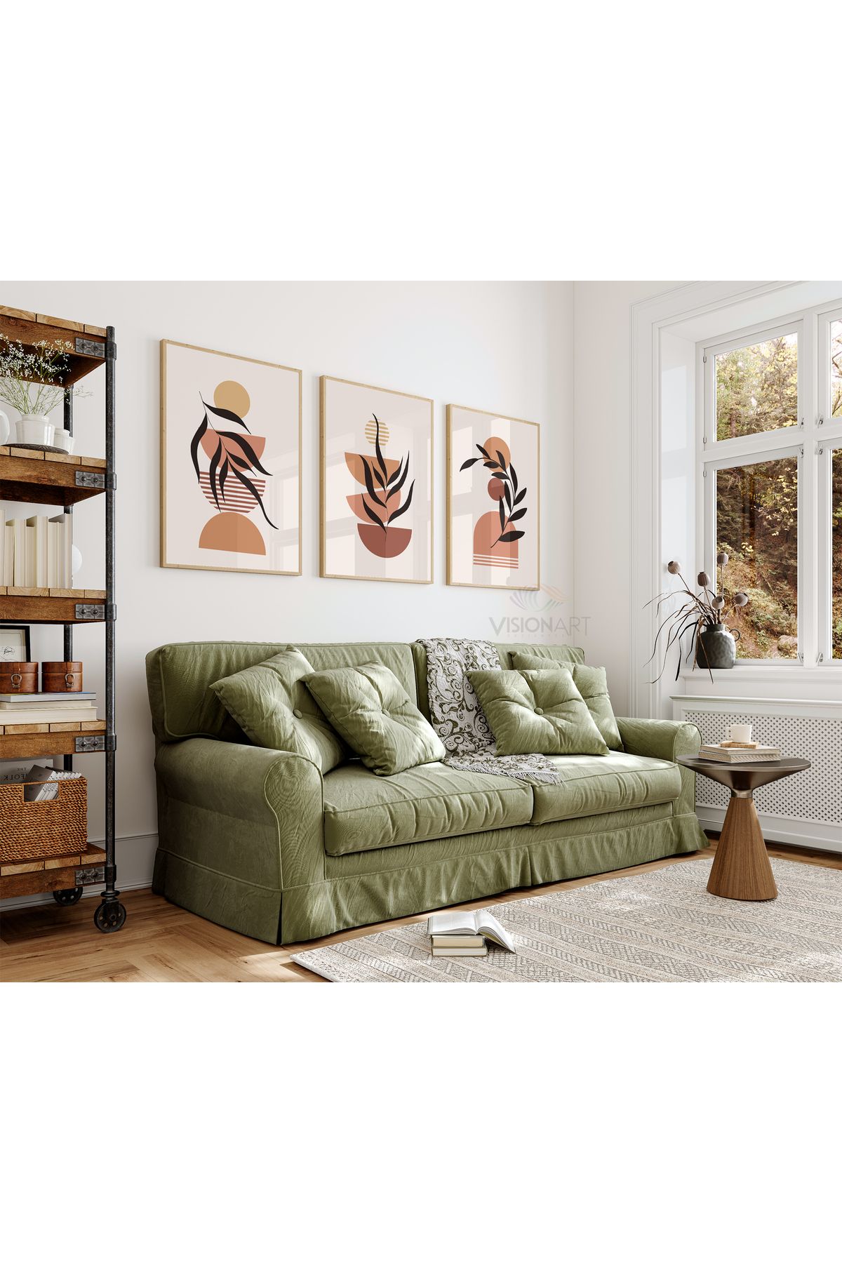 CANVASUM Soyut Yaprak ve Geometrik Tasarımlar Çerçeve görünümlü  3'lü MDF TABLO