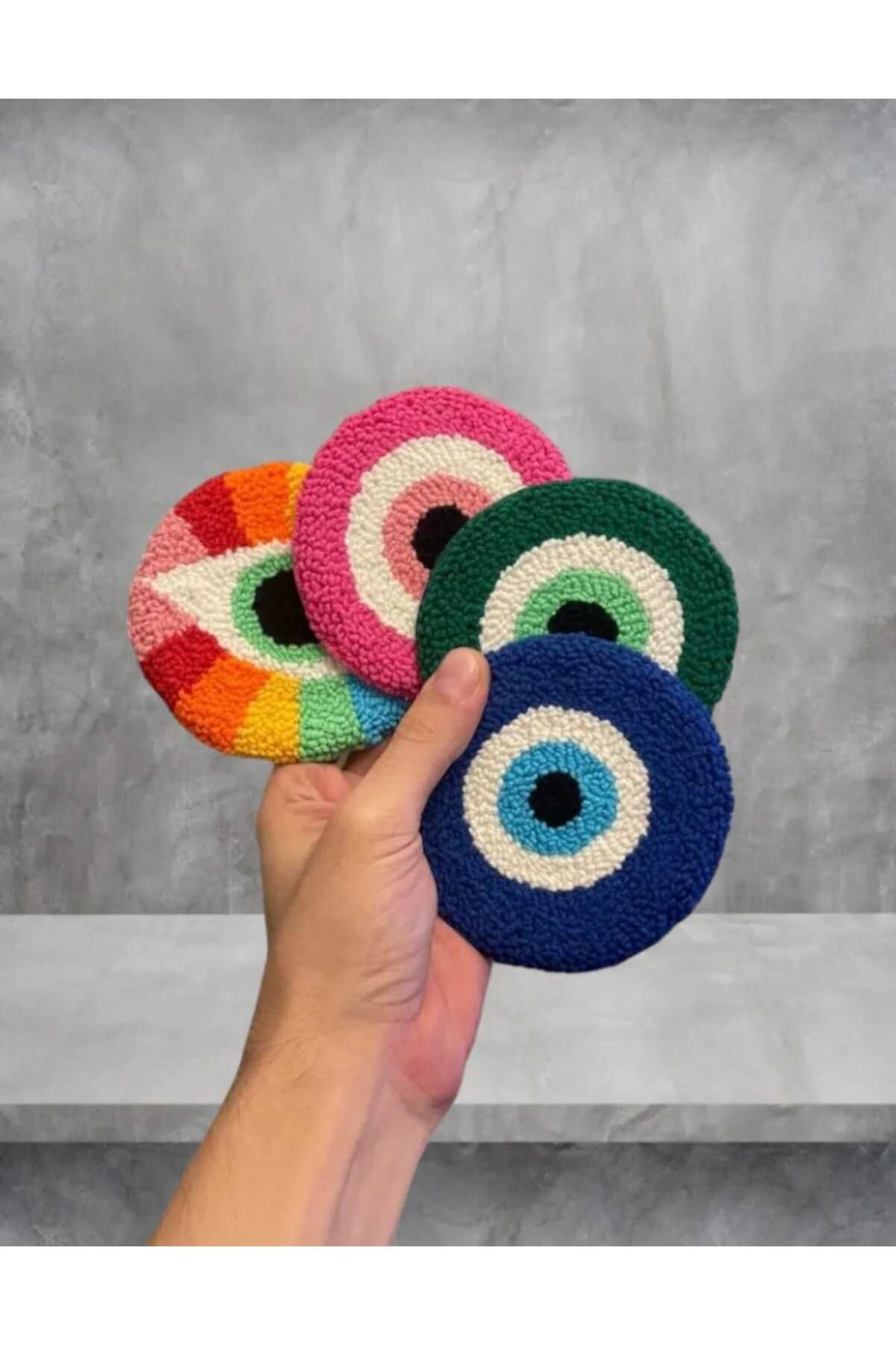 CottonCrafty El Yapımı 4lü Punch Needle Nazar Boncuğu Göz Desenli Mug Rug Bardak Kahve Sunum Altlığı