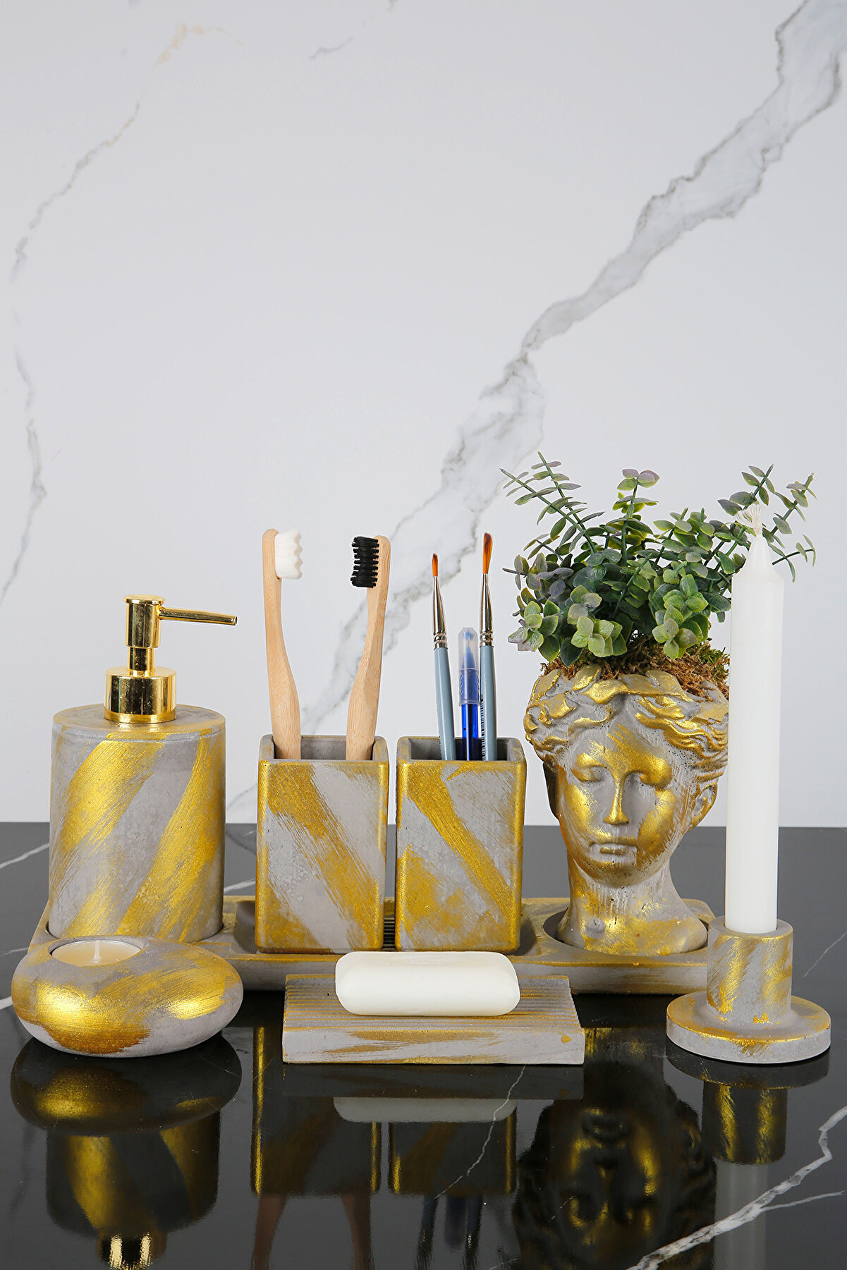 Betonmall 8 Parça Beton Banyo Seti - Yapay Çiçekli ve Modern