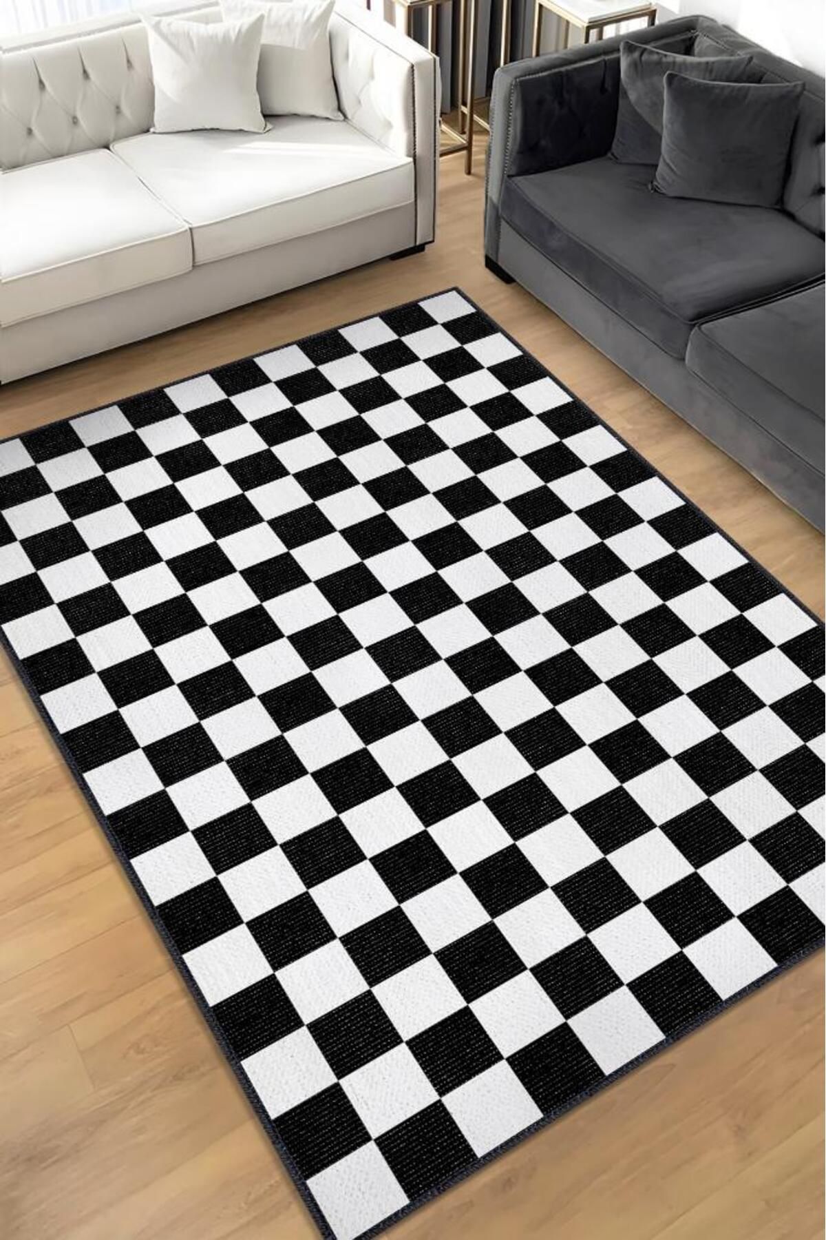 Homshtag Minimalist Damalı Siyah Beyaz Halı Kareli Oturma Odası Halısı Retro Tarzı Salon Halısı
