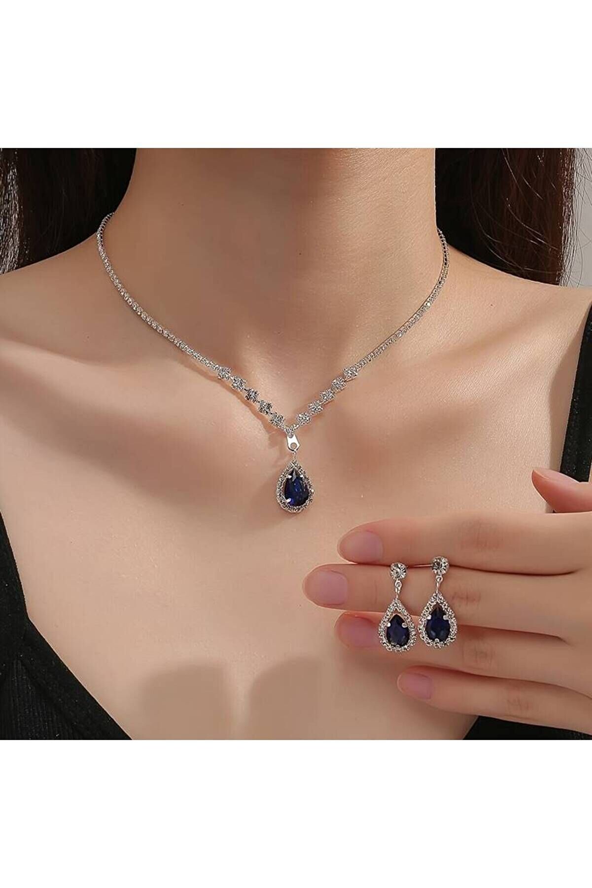 Estilo Lingerie Mavi Damla Taşlı Su Yolu Zirkon Kolye Küpe Seti Hediye Takı Seti (Mücevher Kutulu Gönderi̇m)