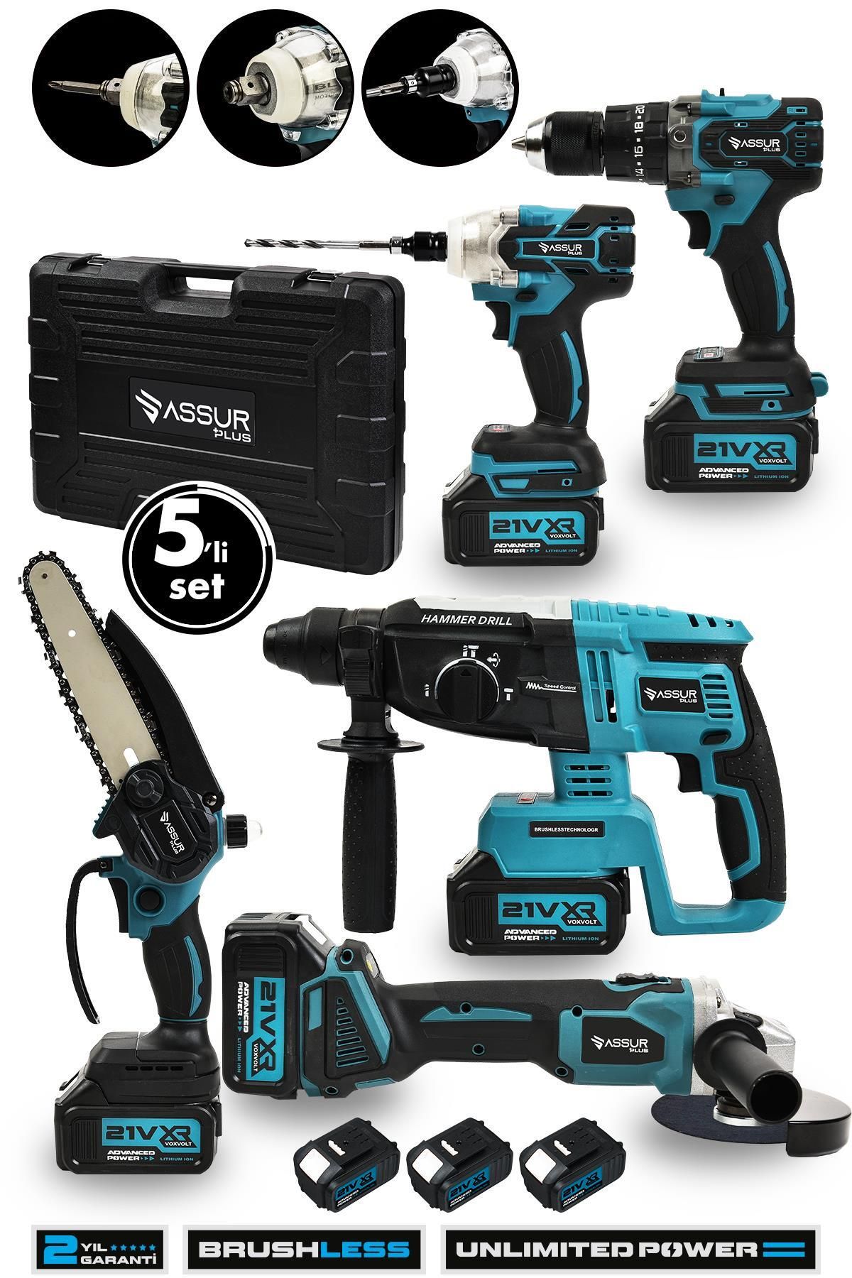 ASSUR PLUS 21v 2.0ah Kömürsüz Darbeli 5'li Set Şarjlı Hilti Taşlama Somun Sıkma Akülü Vidalama