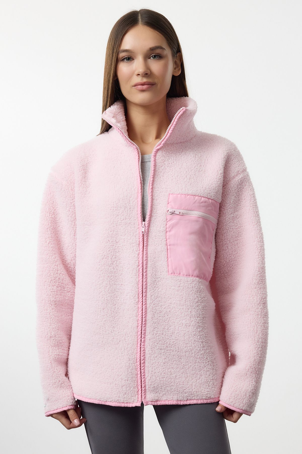 TRENDYOLMİLLA Winter Essentials Açık Pembe Kalın Polar Fermuarlı Dik Yaka Cepli Örme Sweatshirt TWOAW24SW00071
