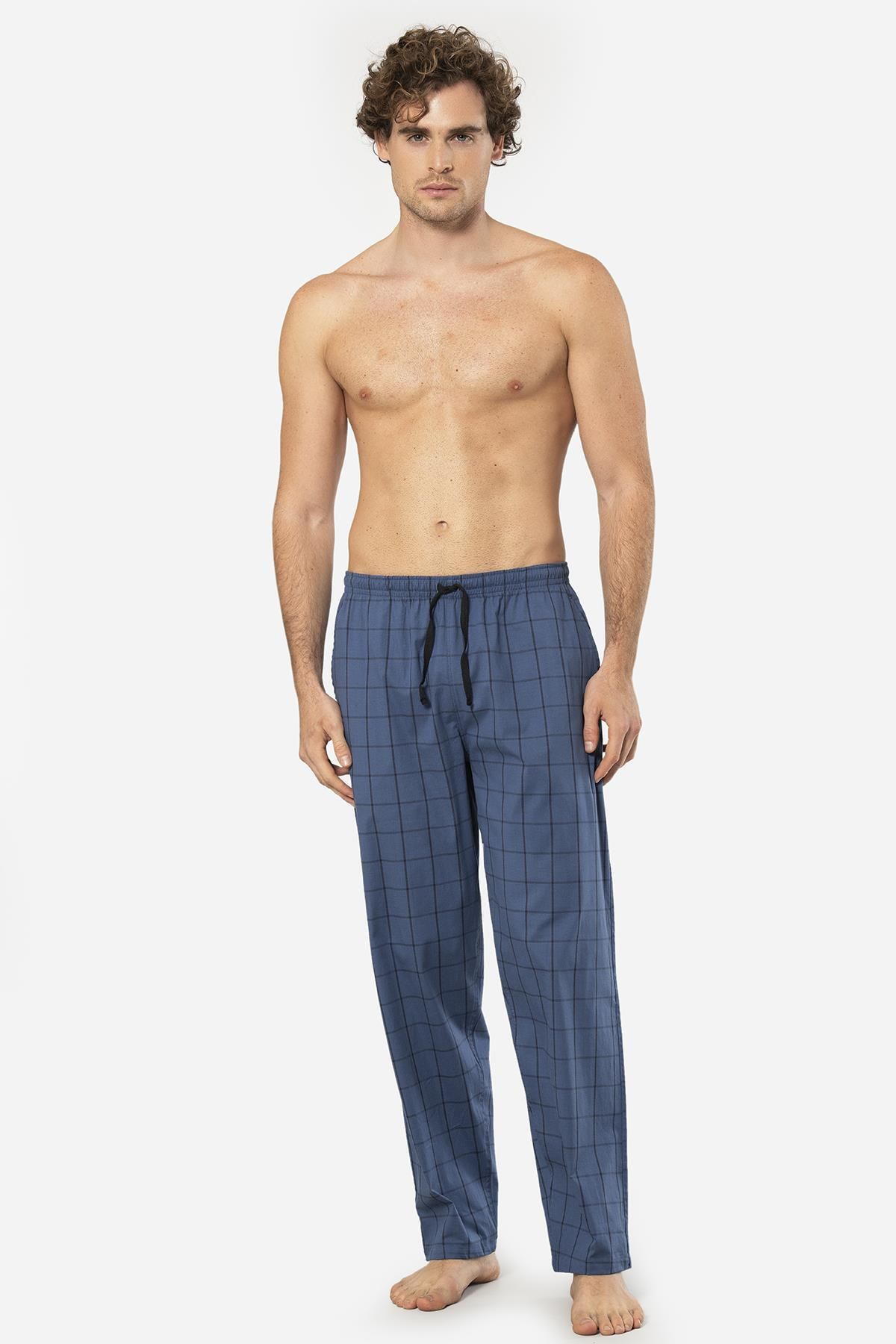 Cacharel Ekoseli Erkek Tek Alt Pijama, Cep Detaylıdır, %95 pamuk %5 Likralı