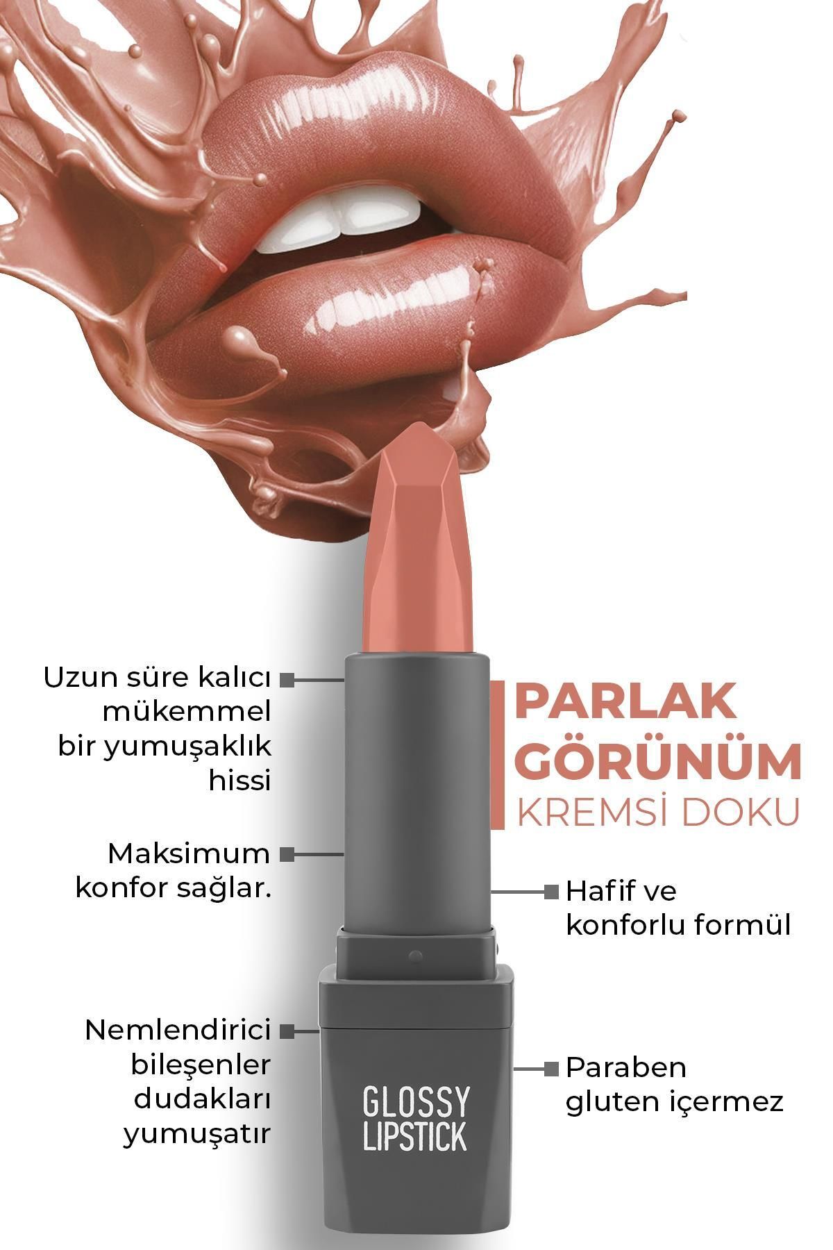 Alix Avien Uzun Süre Kalıcı Yoğun Renk Veren Nemlendirici Parlak Ruj - Glossy Lipstick 304 Nude Apricot