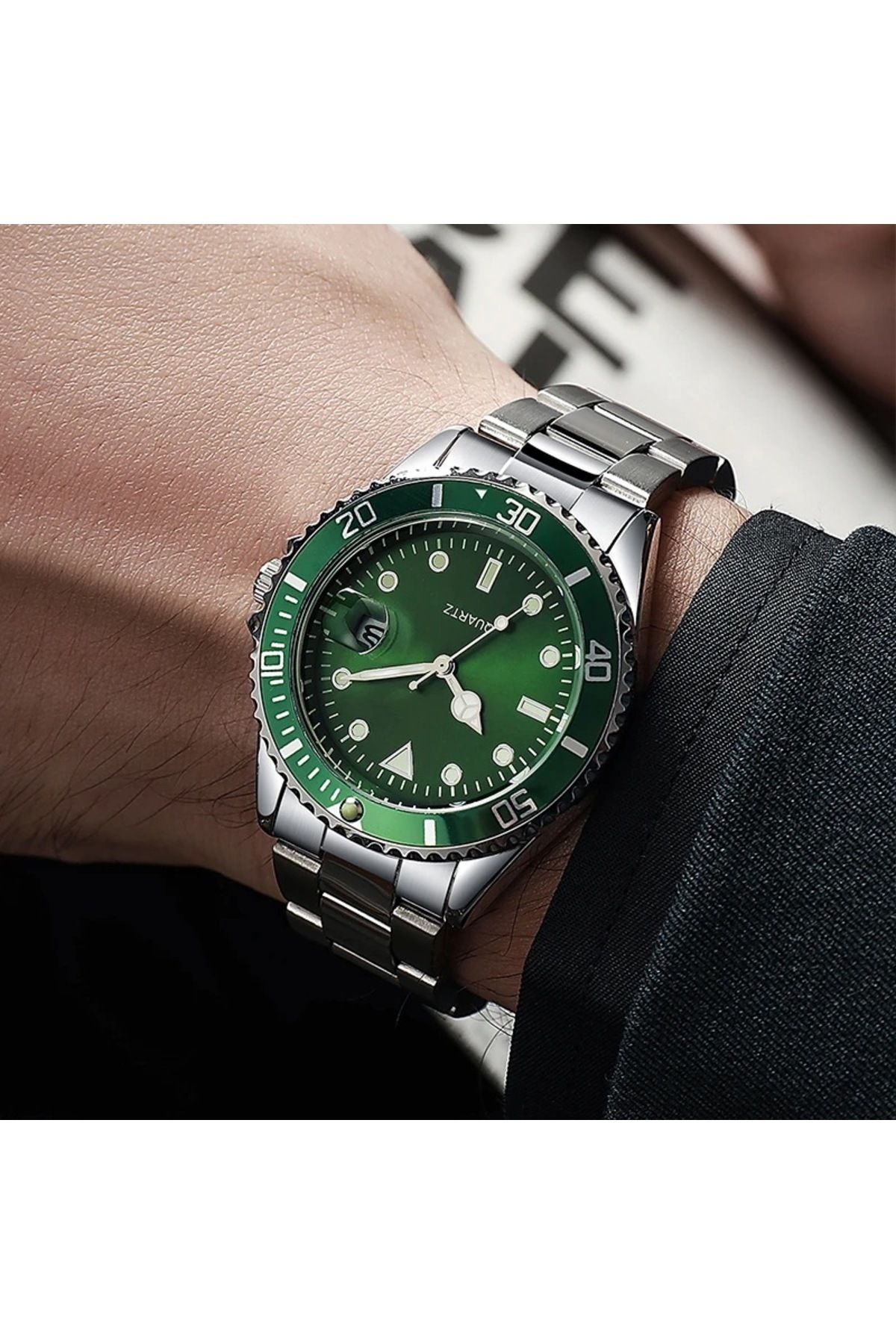 İSTLİV Erkek Rolex Modeli Gümüş- Yeşil Rengi Kol Saati
