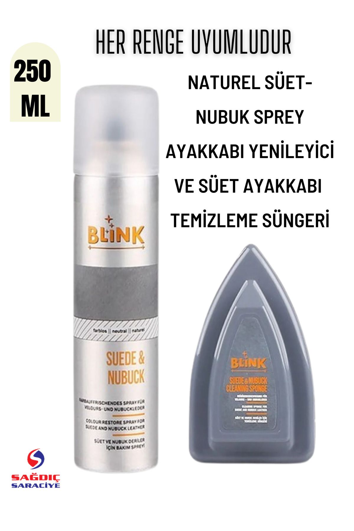 Blink Süet Nubuk Sprey 250 Ml ve Süet Temizleme Süngeri Süet Temizleme Seti