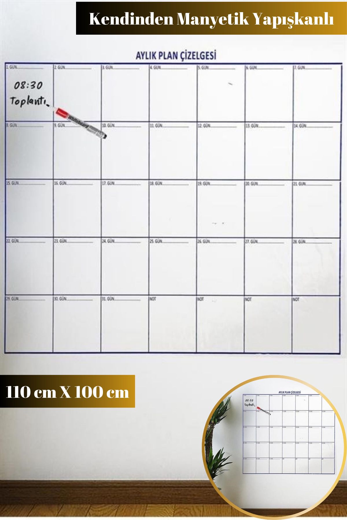 Hane Dostu Kendinden Manyetik Yapışkanlı | 1 Aylık 110 CM  Program Planlayıcı | Silinebilir Sticker Takvim