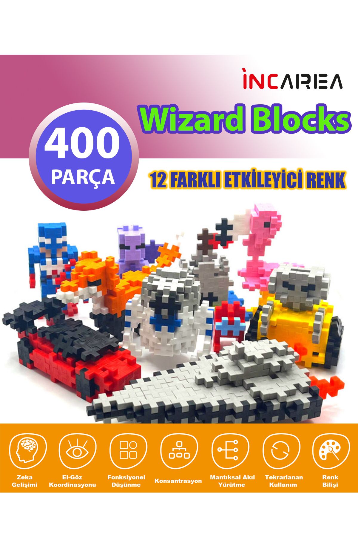 İNCAREA Wizard Block / Blockland 400 Parça Pixel Yaratıcı Tasarım Yapı İnşaa Seti Eğitici Oyuncak Minecraft