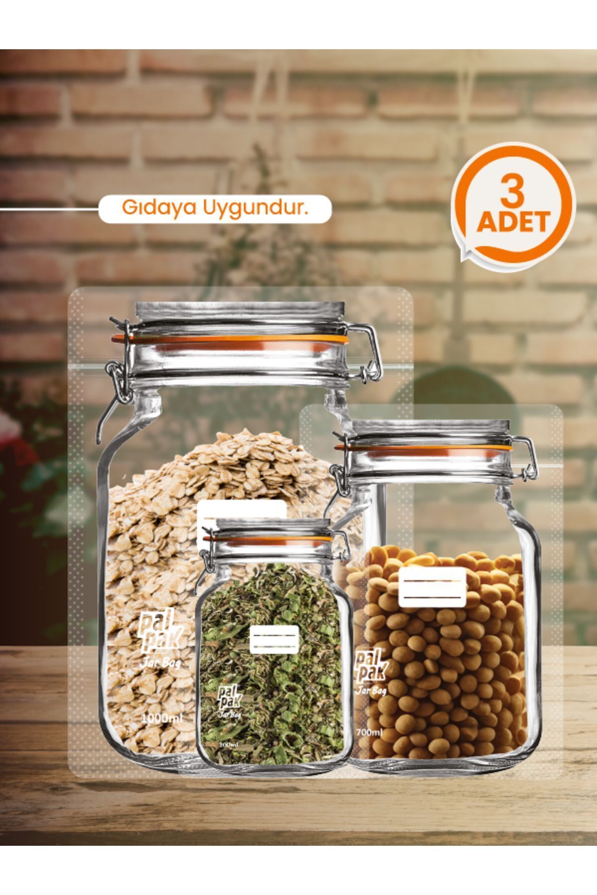 PALPAK Klips Kapaklı Kavanoz Görünümlü Saklama Poşeti -3 Adet (1 BÜYÜK 1000ML;1 ORTA 700ML;1 KÜÇÜK 200ML)