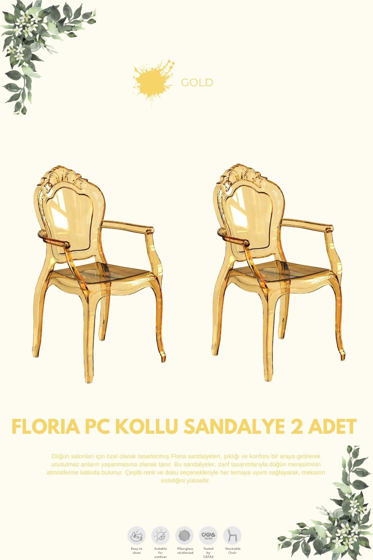 Daim Plastik FLORİA  KOLLU POLİKARBON DÜĞÜN SANDALYESİ 2 ADET