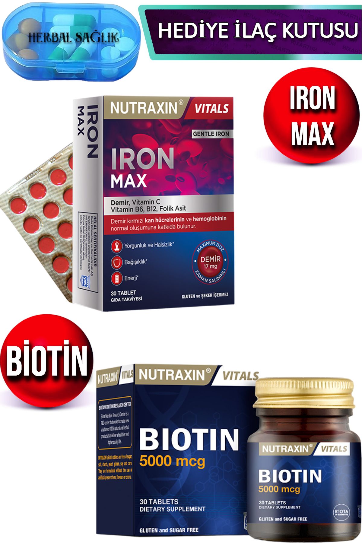 Nutraxin Iron Max - 30 Adet Tablet + Nutraxin Biotin 30 Adet Tablet 5000 Mcg