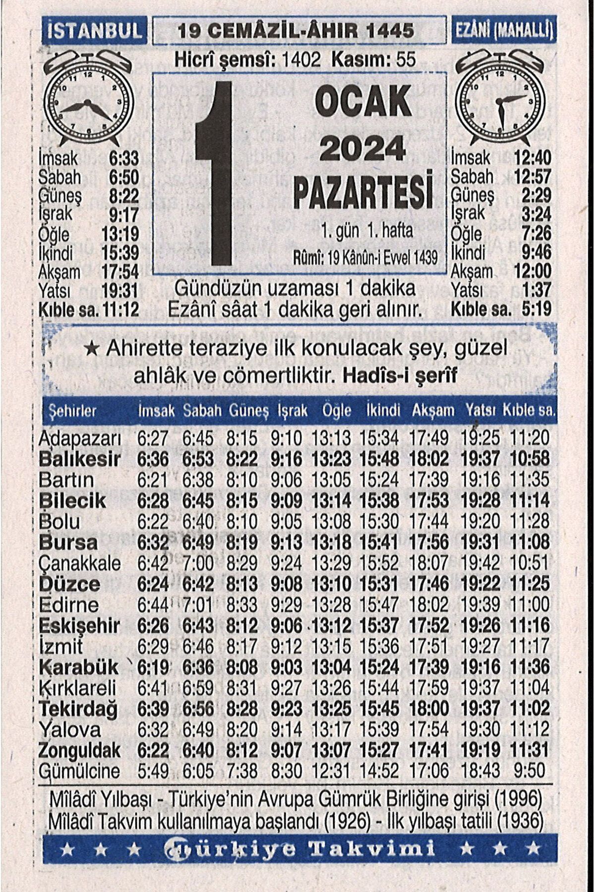 Elif Kitabevi 1. Bölge 2024 Yılı Türkiye Takvimi 365 Gün Yapraklı Duvar Takvimi Namaz Vakitli Blok Karton