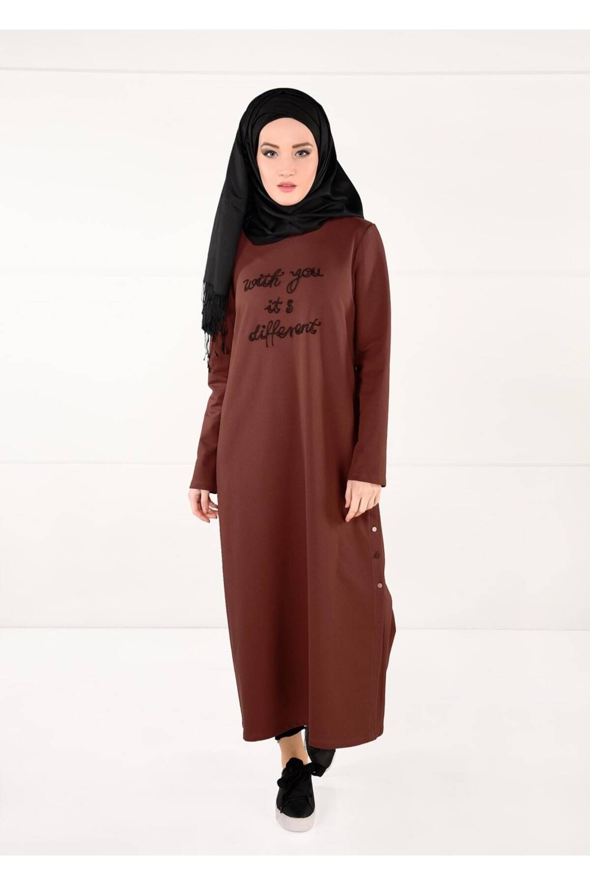 TRENDTESETTÜR Kadın Kahve (KİREMİT) Yanları Renkli Düğmeli Spor Tunik 26015