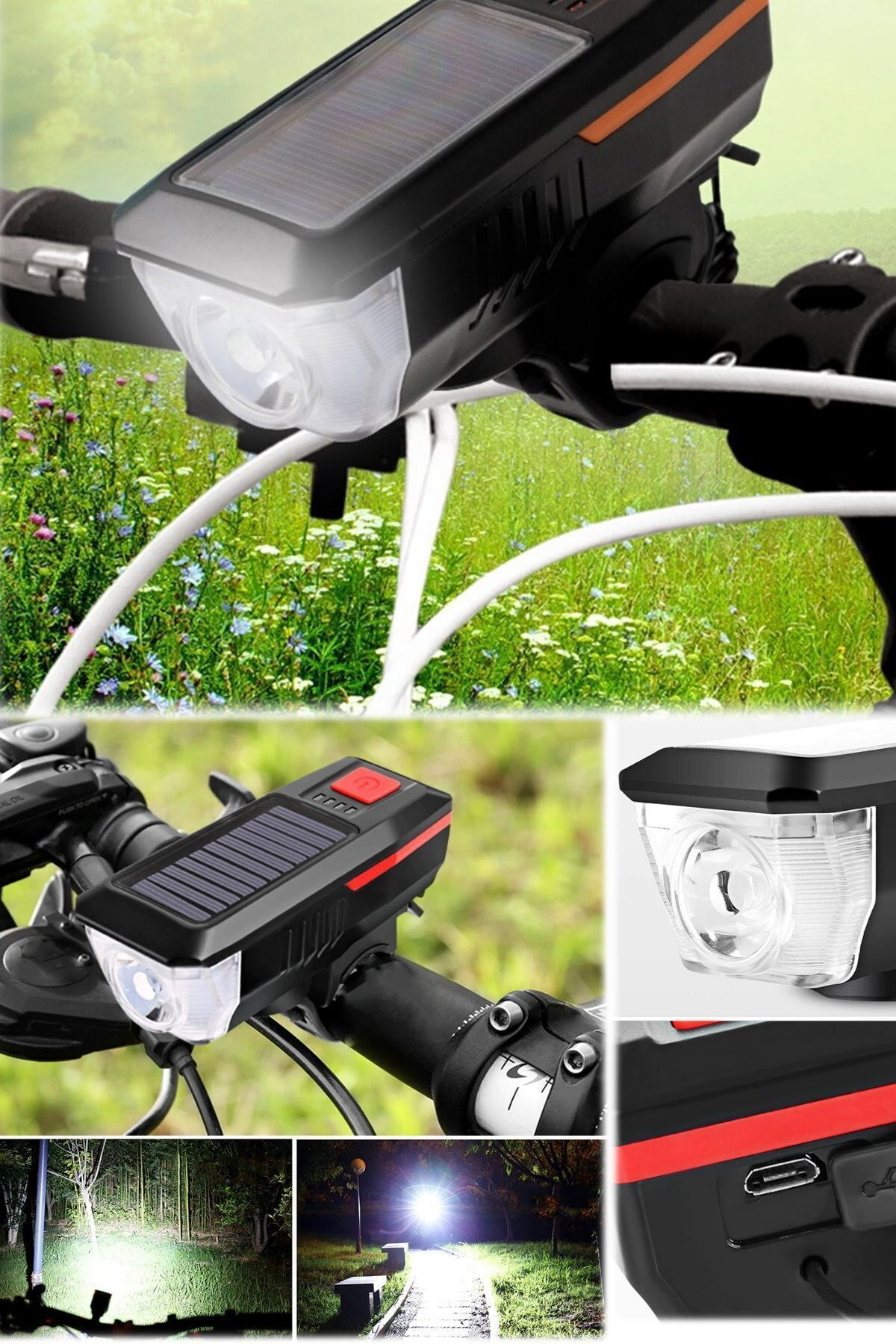 MOBEE 3 Modlu Elektriksiz Şarjlı Bisiklet Farı ve Kornası Seti 120 Desibel