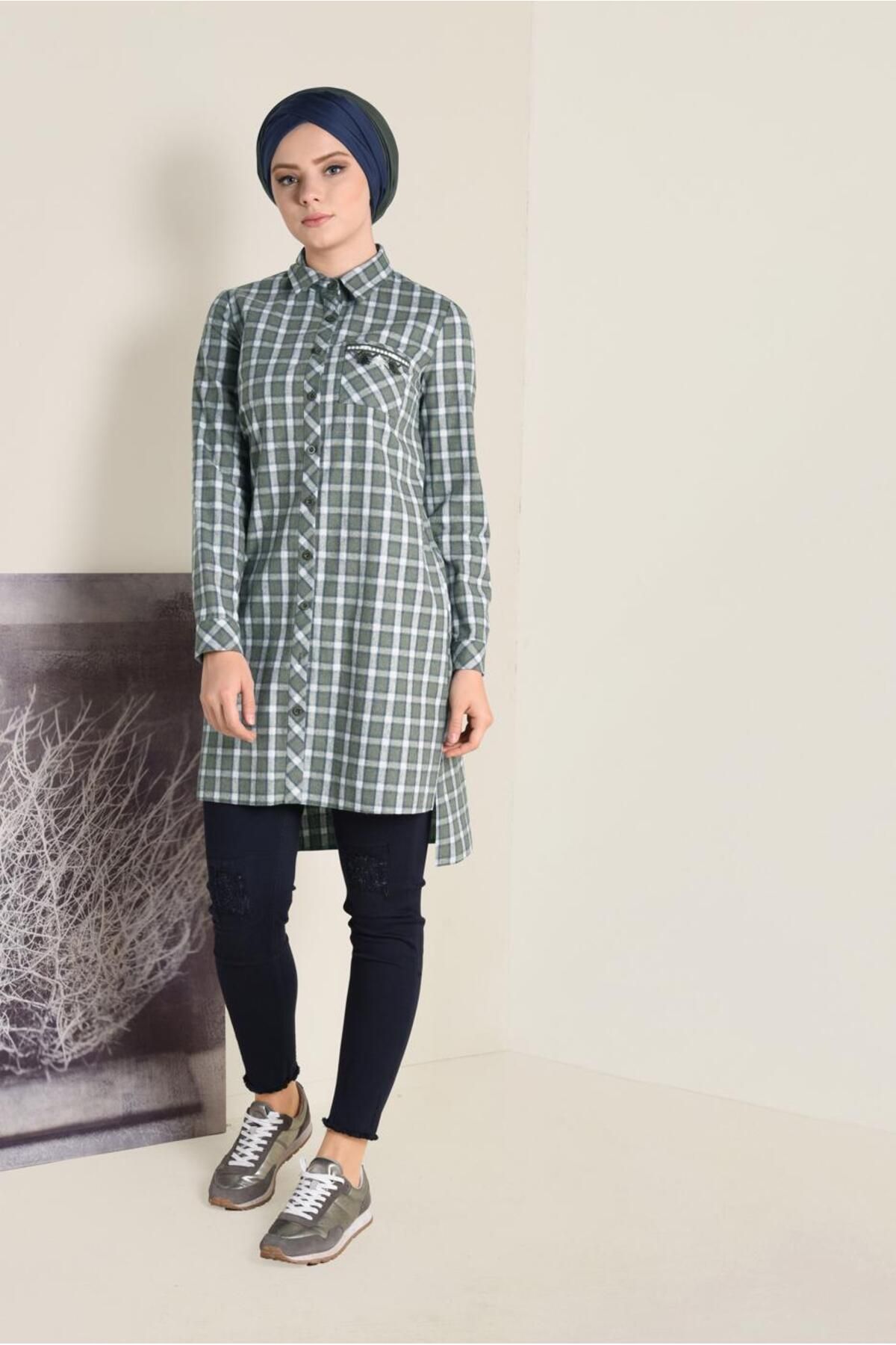 TRENDTESETTÜR Kadın Haki Pamuklu Kare Desenli Düğmeli Tunik 4699