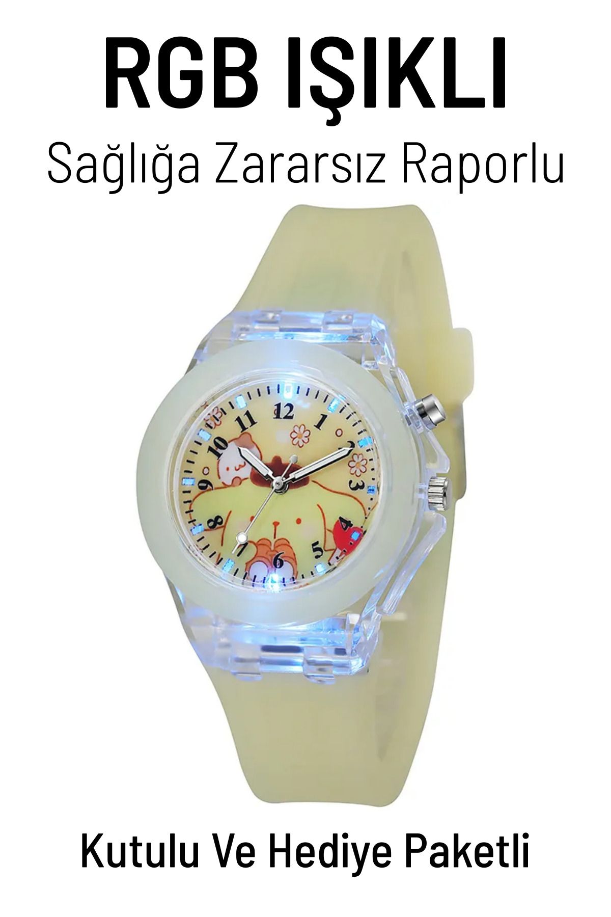 Q-TİME Rgb Işıklı Ve Hello Kitty Pompompurin Kadranlı Analog Çocuk Ve Genç Kol Saati (Sarı) Hediye Paketli