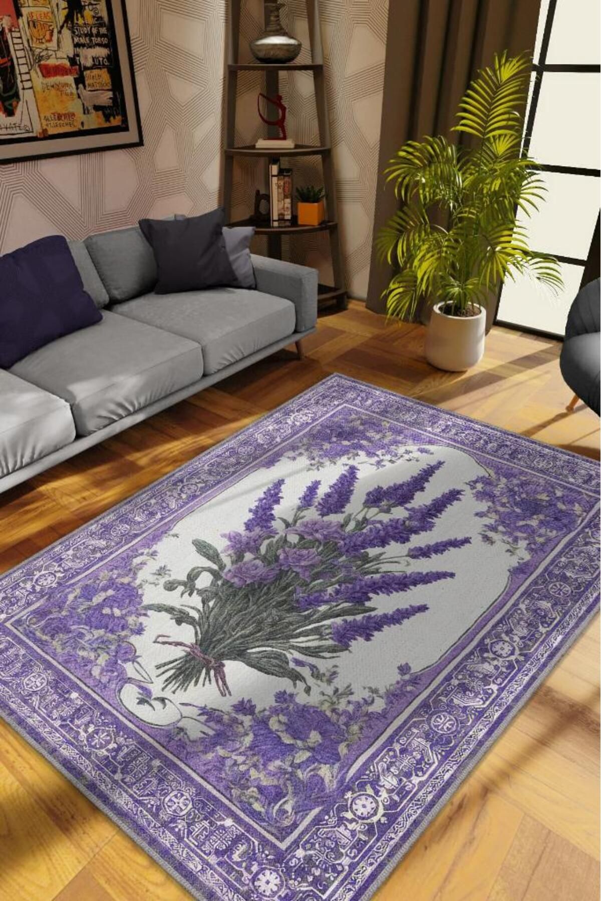 Homshtag Art Deco Lavanta Çiçeği Vintage Halı Görünümlü Dijital Baskı Mor Halı,rustik Çiçekli Halı