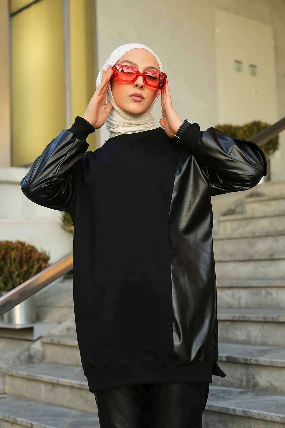 İmajButik Siyah Deri Garnili Iki Iplik Tesettür Tunik