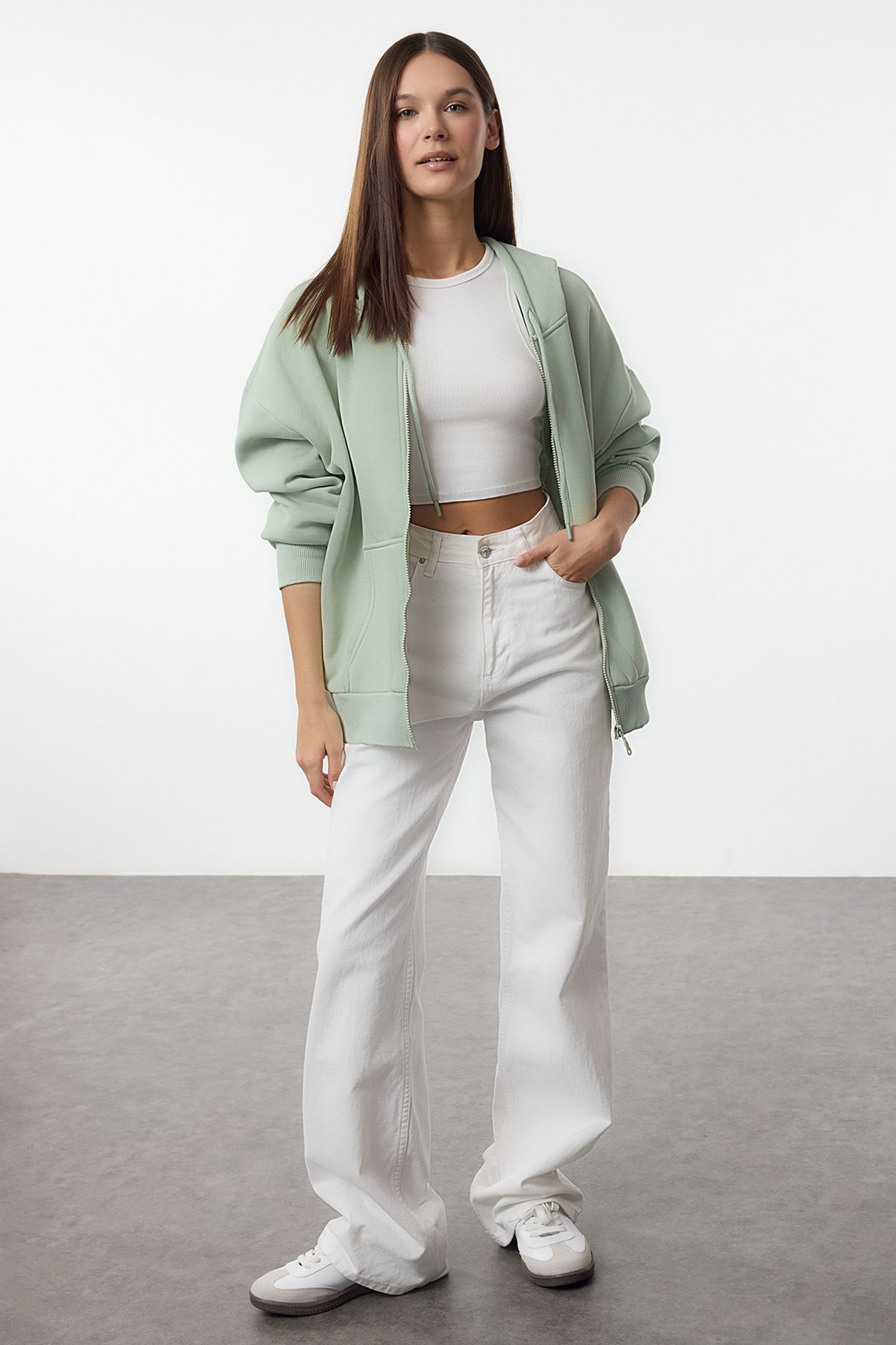 Trendyolmilla Mint Oversize/Rahat Kesim Fermuarlı Kalın İçi Polarlı Örme Sweatshirt TWOAW24SW00188