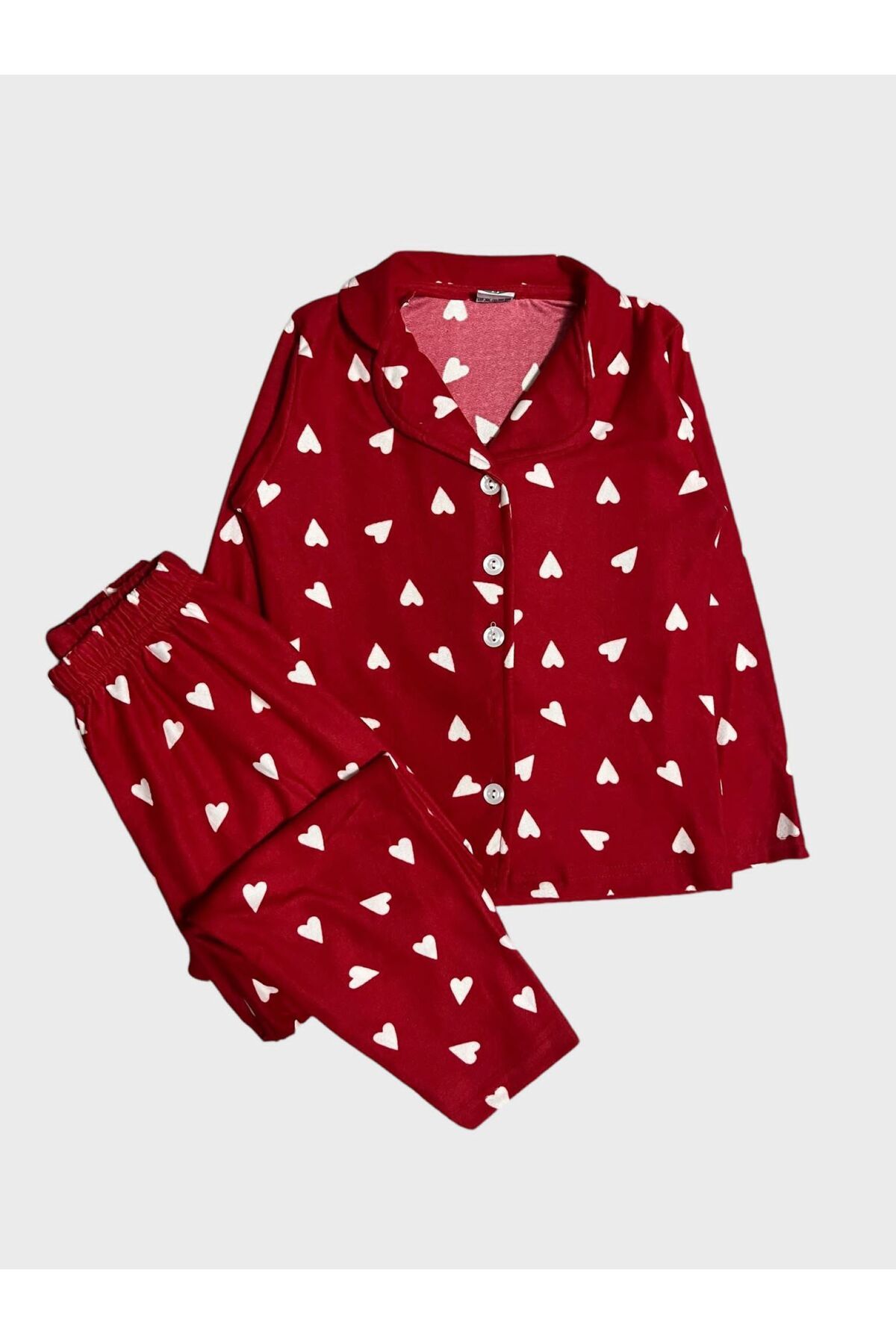 ALİŞ KİDS Kız Çocuk Pamuklu Süet Kırmızı Kalp Desenli Gömlek Yaka Boydan Düğmeli Uzun Kollu Pijama Takımı