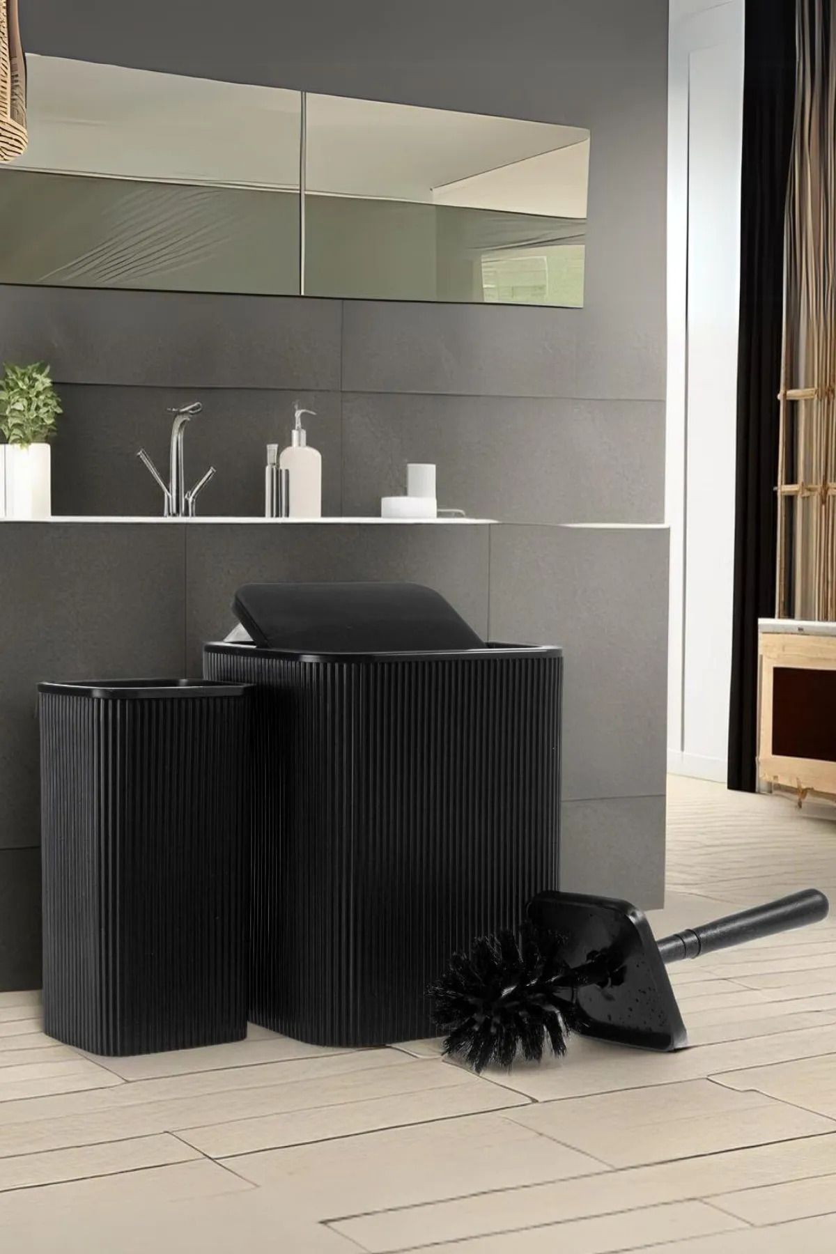 Lida 2'li Banyo Seti Line Kare Model - Çöp Kovası / Wc Fırçası