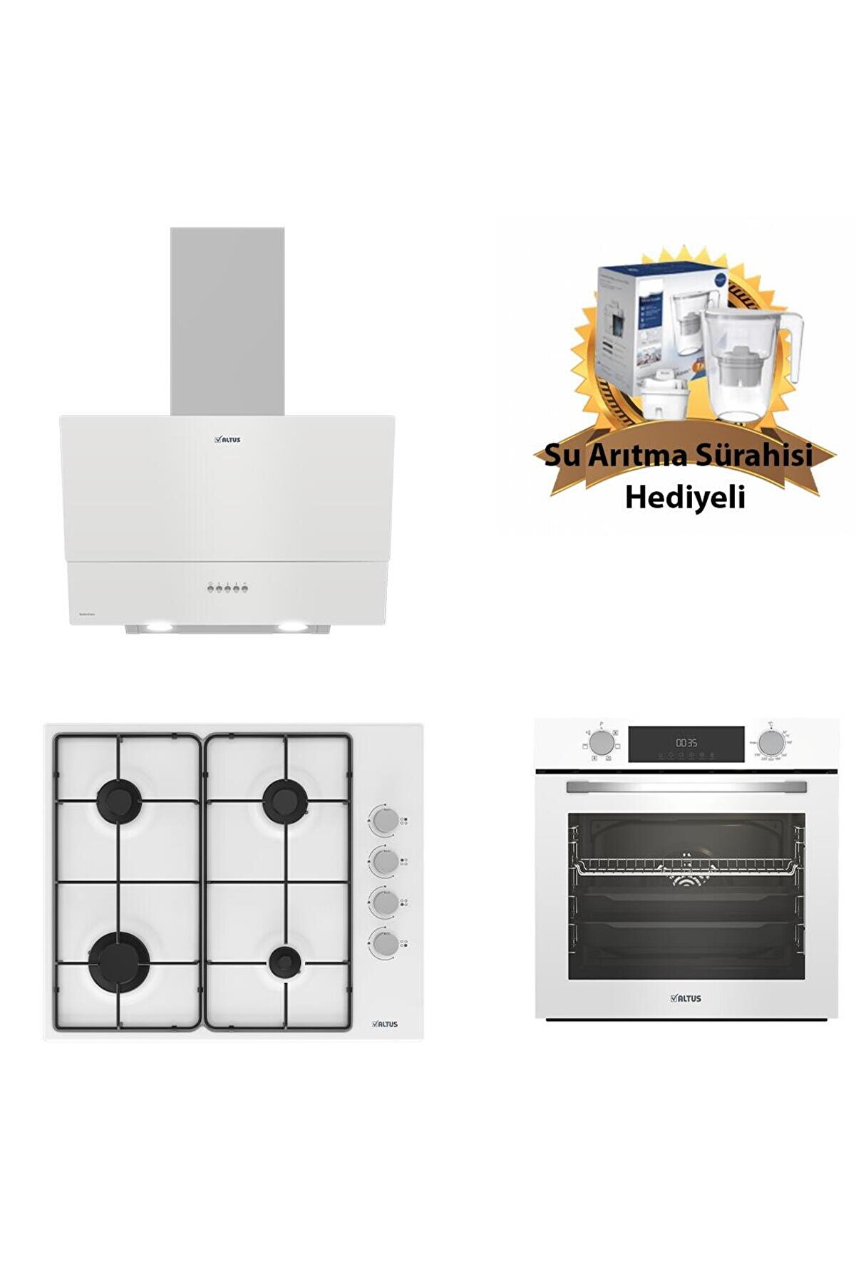 Beyaz Cam Ankastre Set 510 Hw- 310 W Çelik Ocak - 322 W Turbo(Su Arıtma Sürahisi Hediyeli)